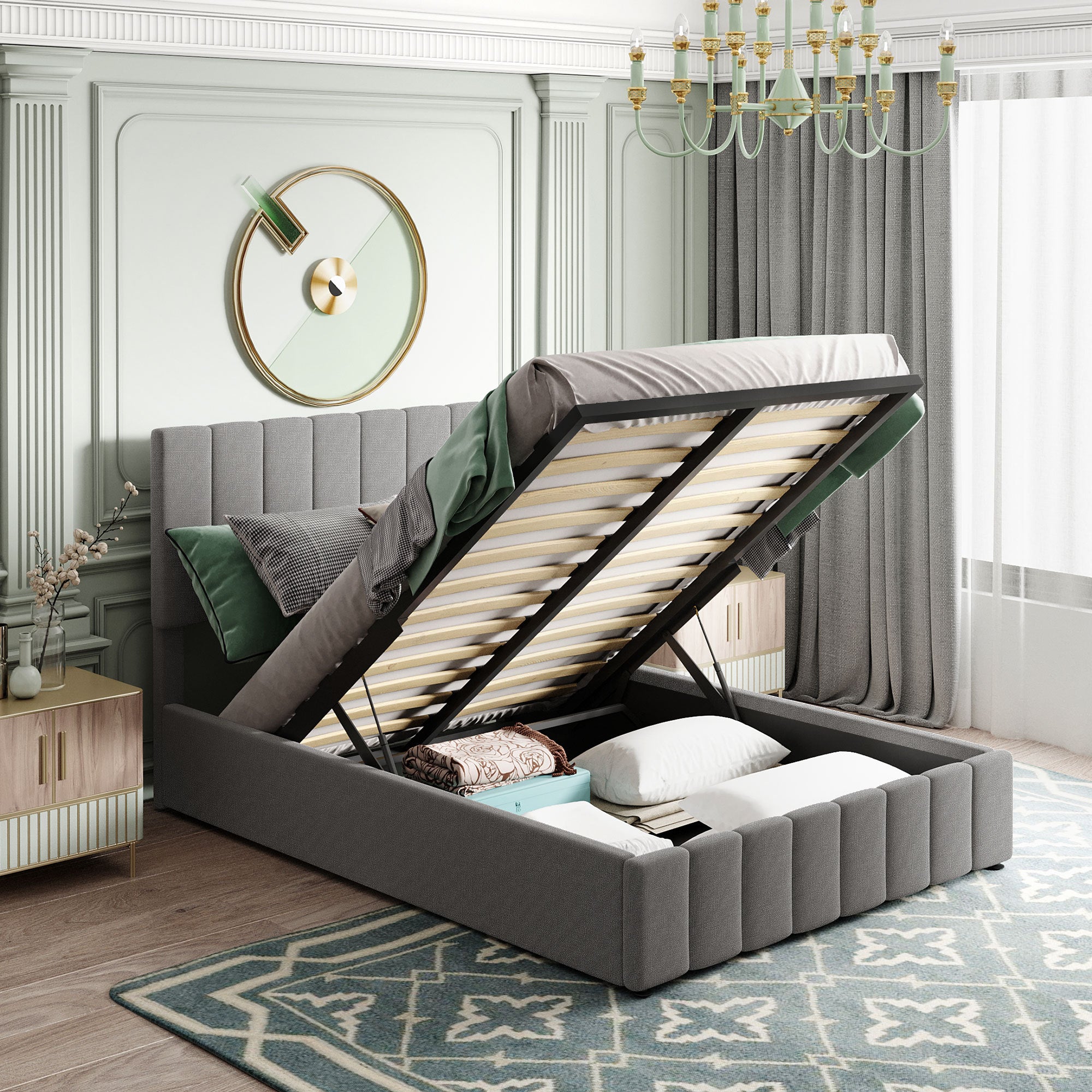 Full Upholstered Lift-Up Bed with Under Storage in Gray