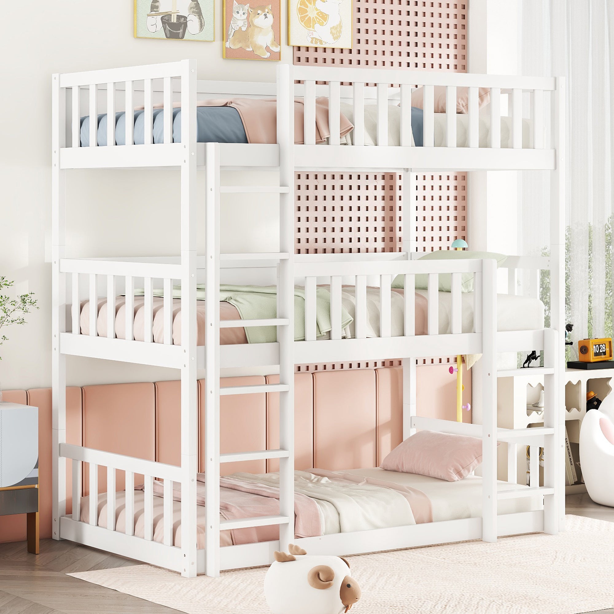 Detachable Twin Size Triple Bunk Bed with Ladders and Guardrails in White