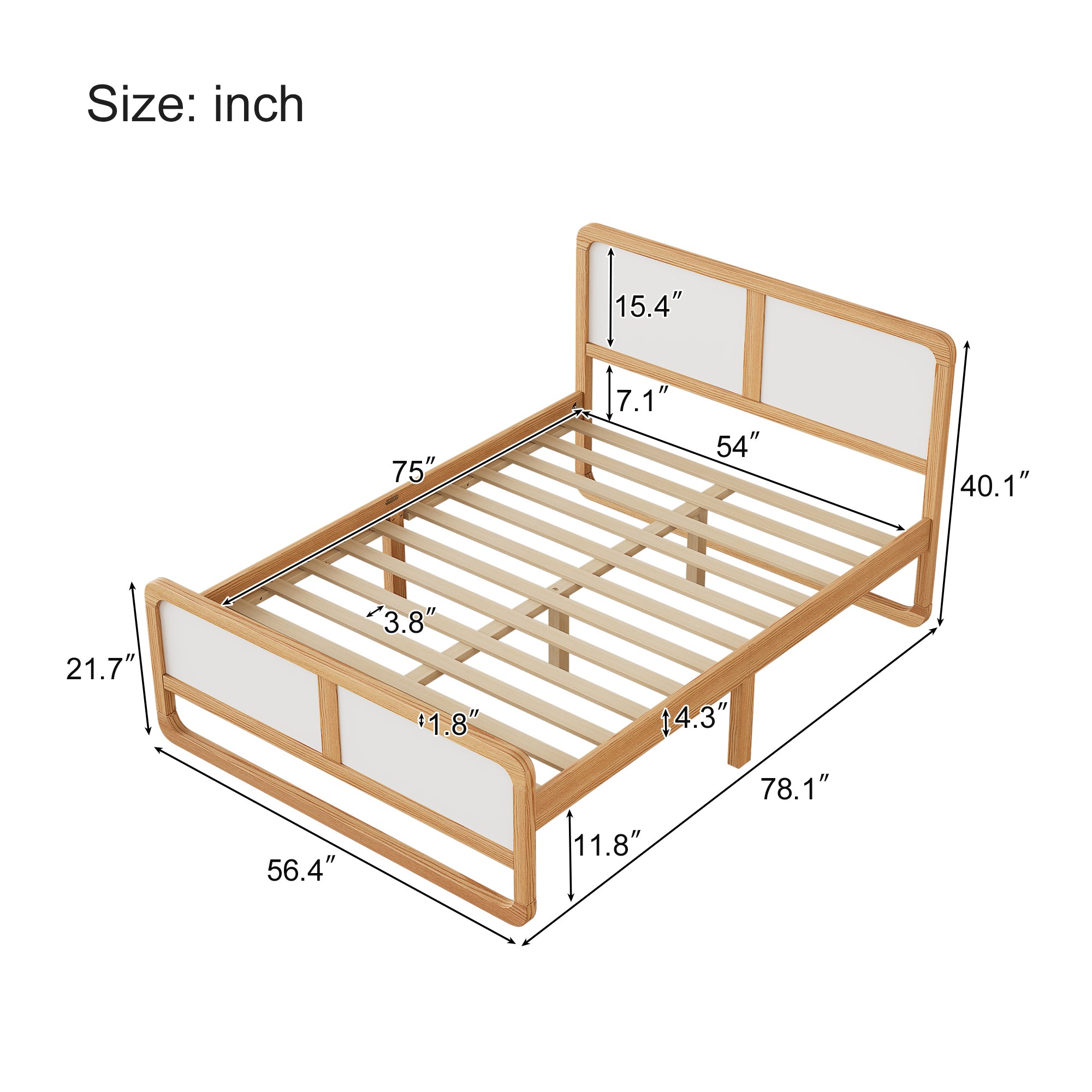 Modern Full Size Wood Bed Frame in White and Walnut