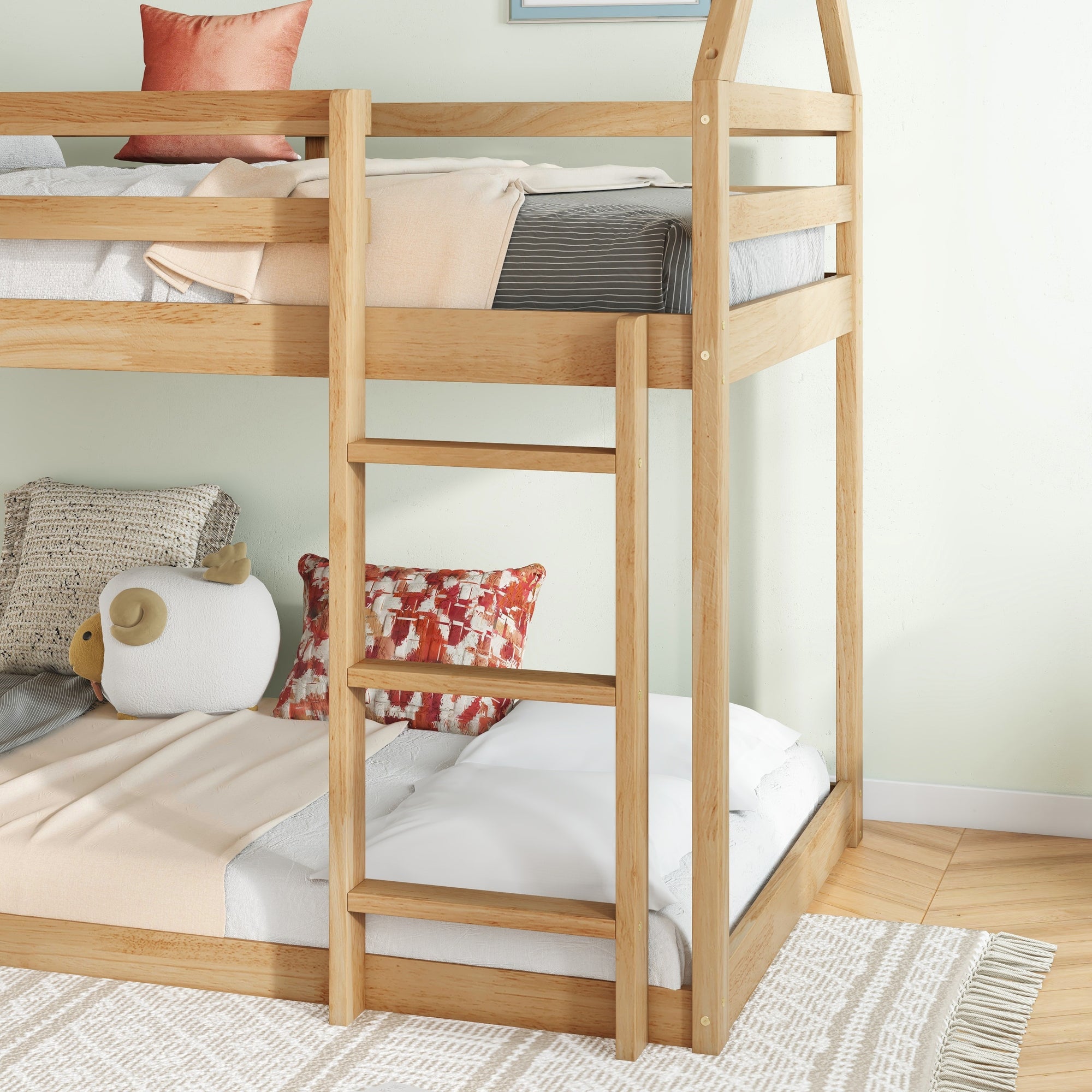 White Oak Twin Over Twin Rubber Wood House-Shaped Bunk Bed with Ladder & Guardrails