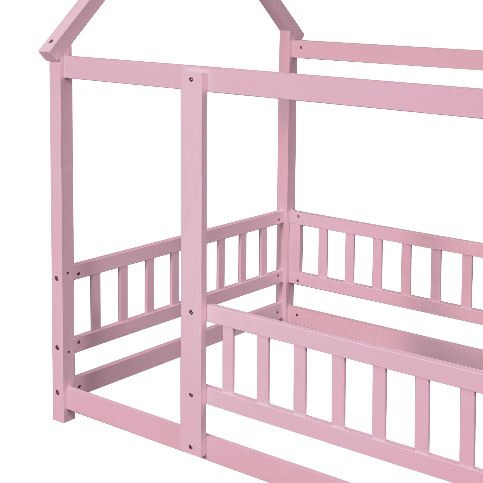 Pink Twin Size Toddler Floor Wooden Bed with House Roof Frame and Fence Guardrails