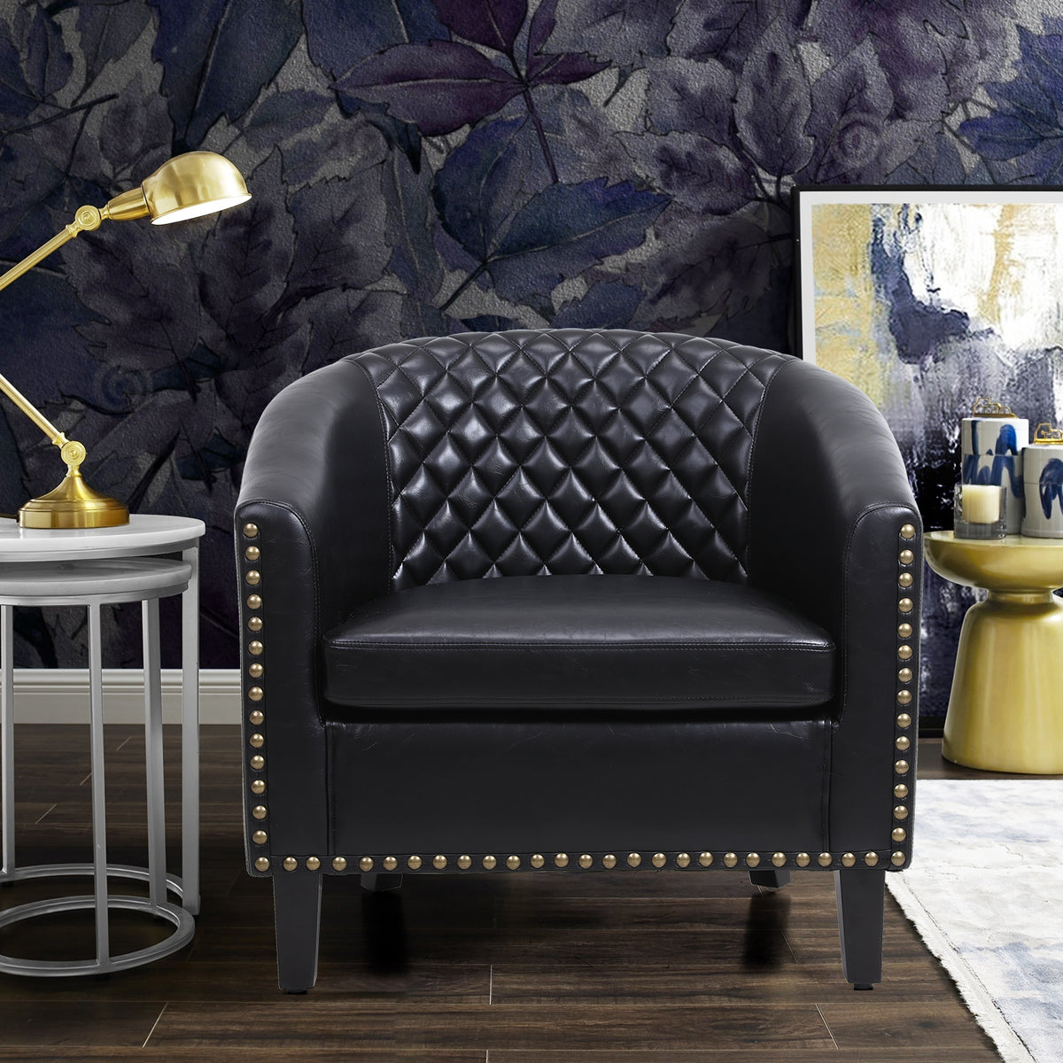 Black Leather Barrel Accent Chair With Nailheads &amp; Solid Wood Legs