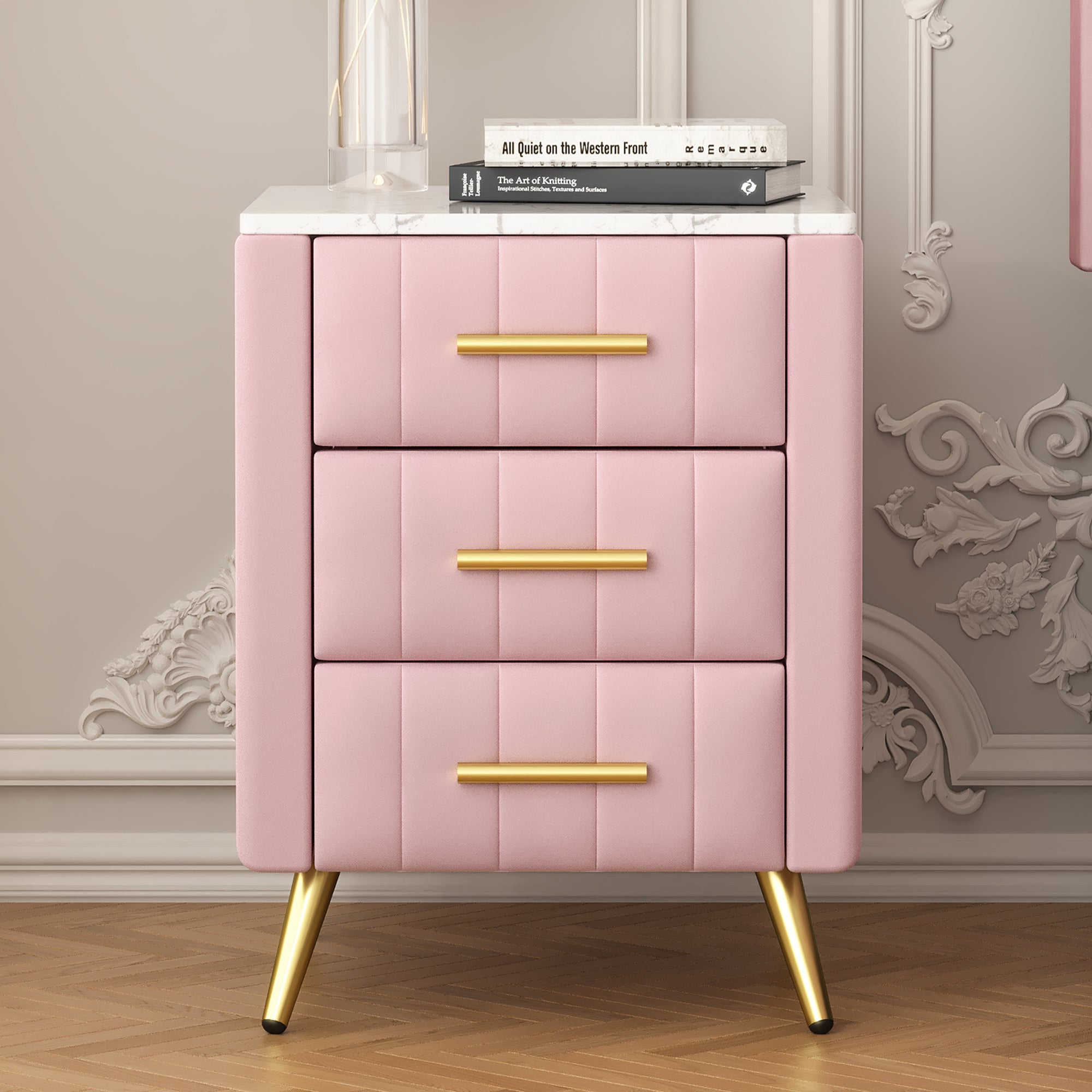 Upholstered Wooden Nightstand with 3 Drawers and Metal Legs and Handles Bedside Table with Marbling Stickers Worktop In Pink