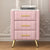 Upholstered Wooden Nightstand with 3 Drawers and Metal Legs and Handles Bedside Table with Marbling Stickers Worktop In Pink