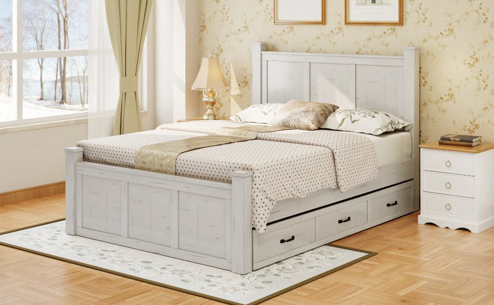 Ancient White Queen Size Farmhouse Bed Frame with Storage Drawers