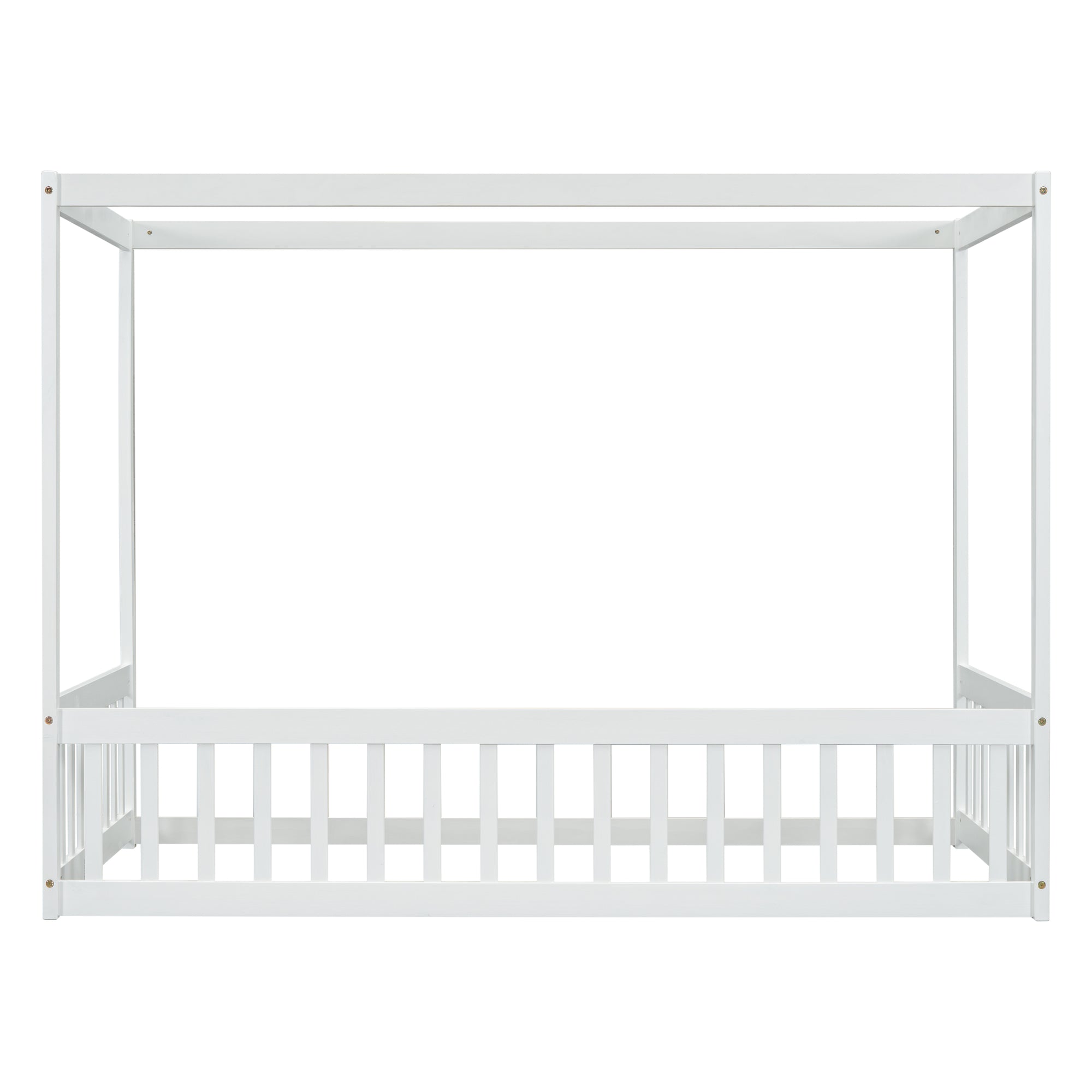 Twin Size White Canopy Frame Floor Bed with Fence and Guardrails