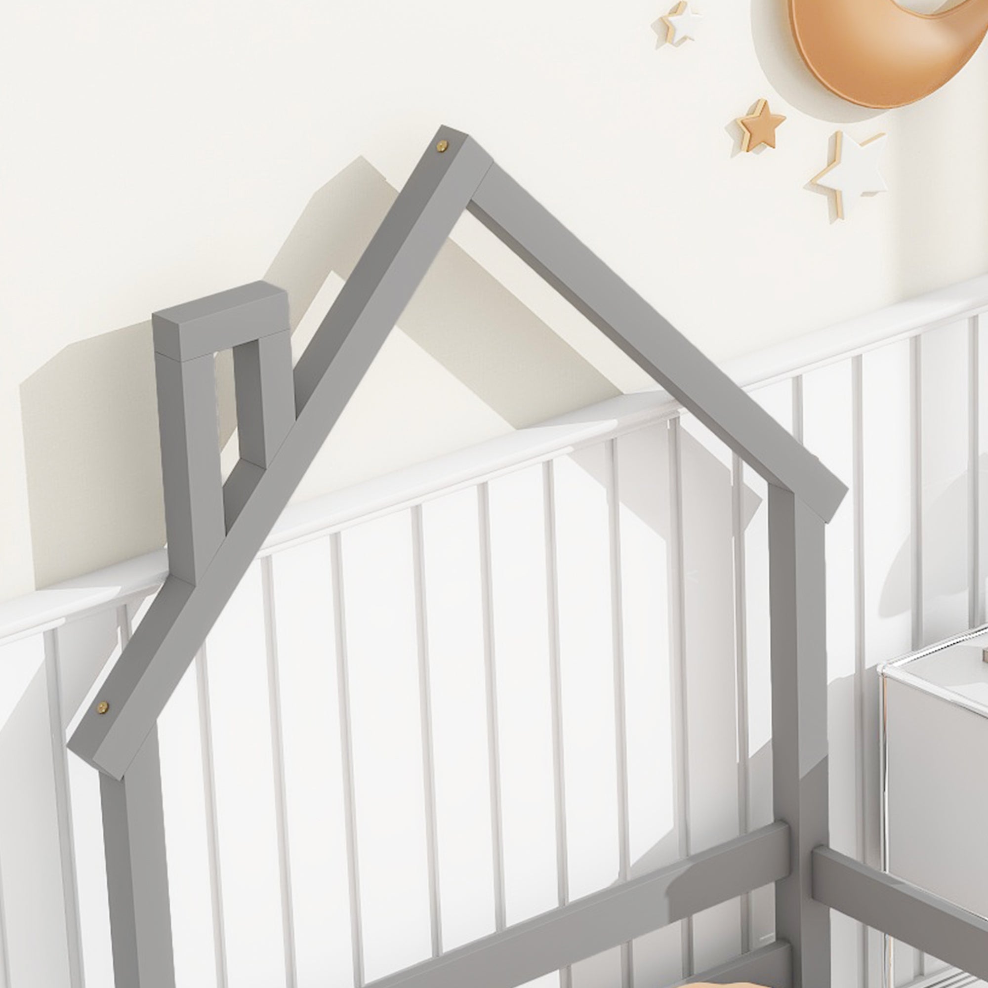 Gray Twin House-Shaped Toddler Floor Bed with Handrails and Slats