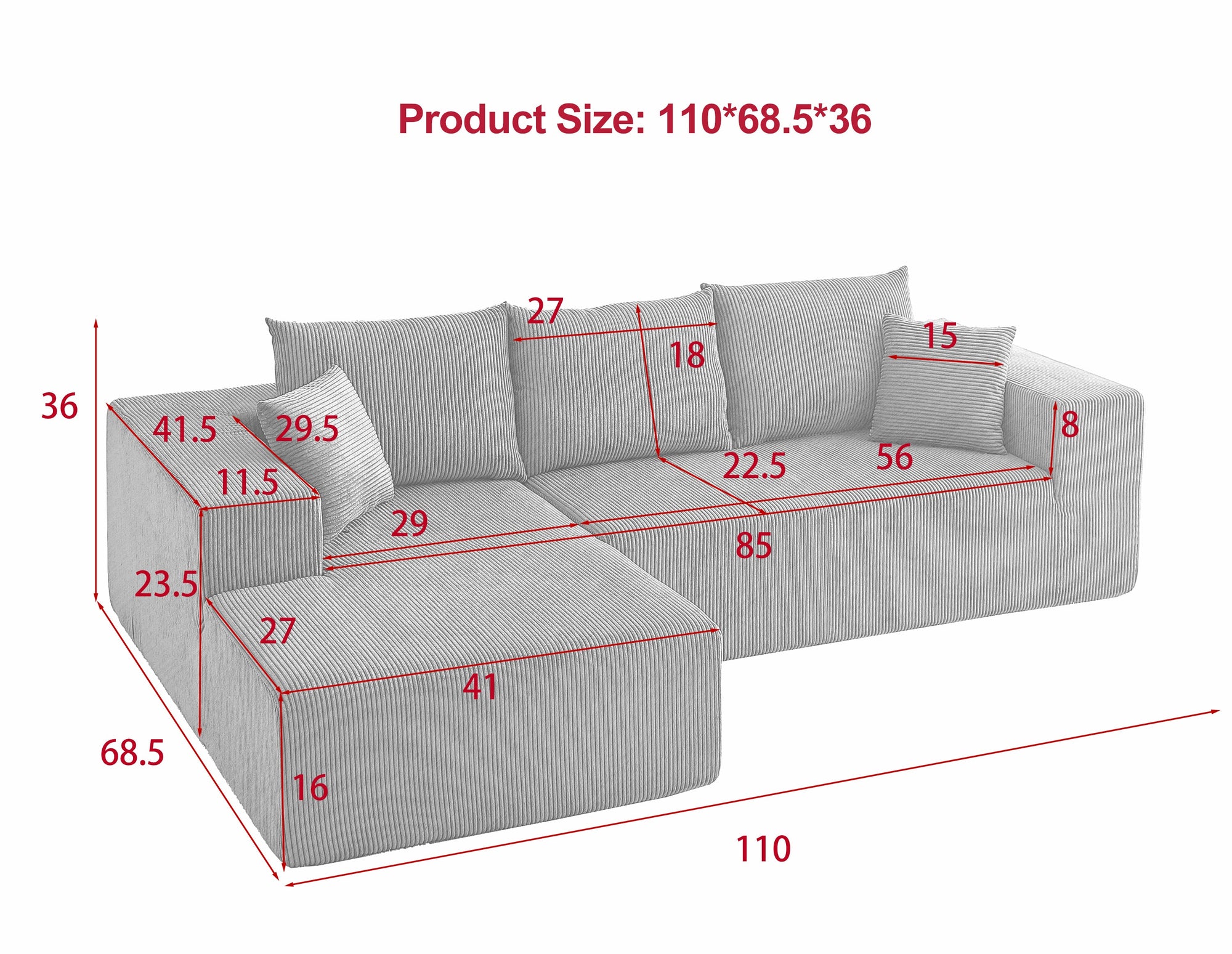 3-Seater Modular Corduroy Sofa In Gray Flexible Configuration