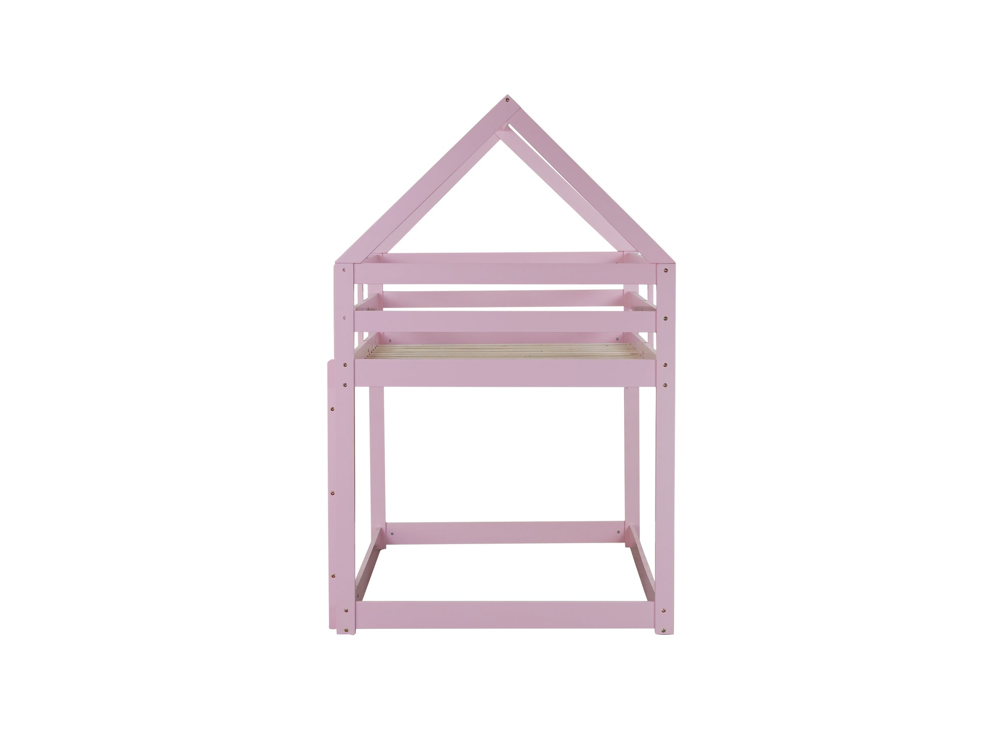 Twin Over Twin Pink House-Shaped Floor Bunk Bed with Ladder and Guardrails