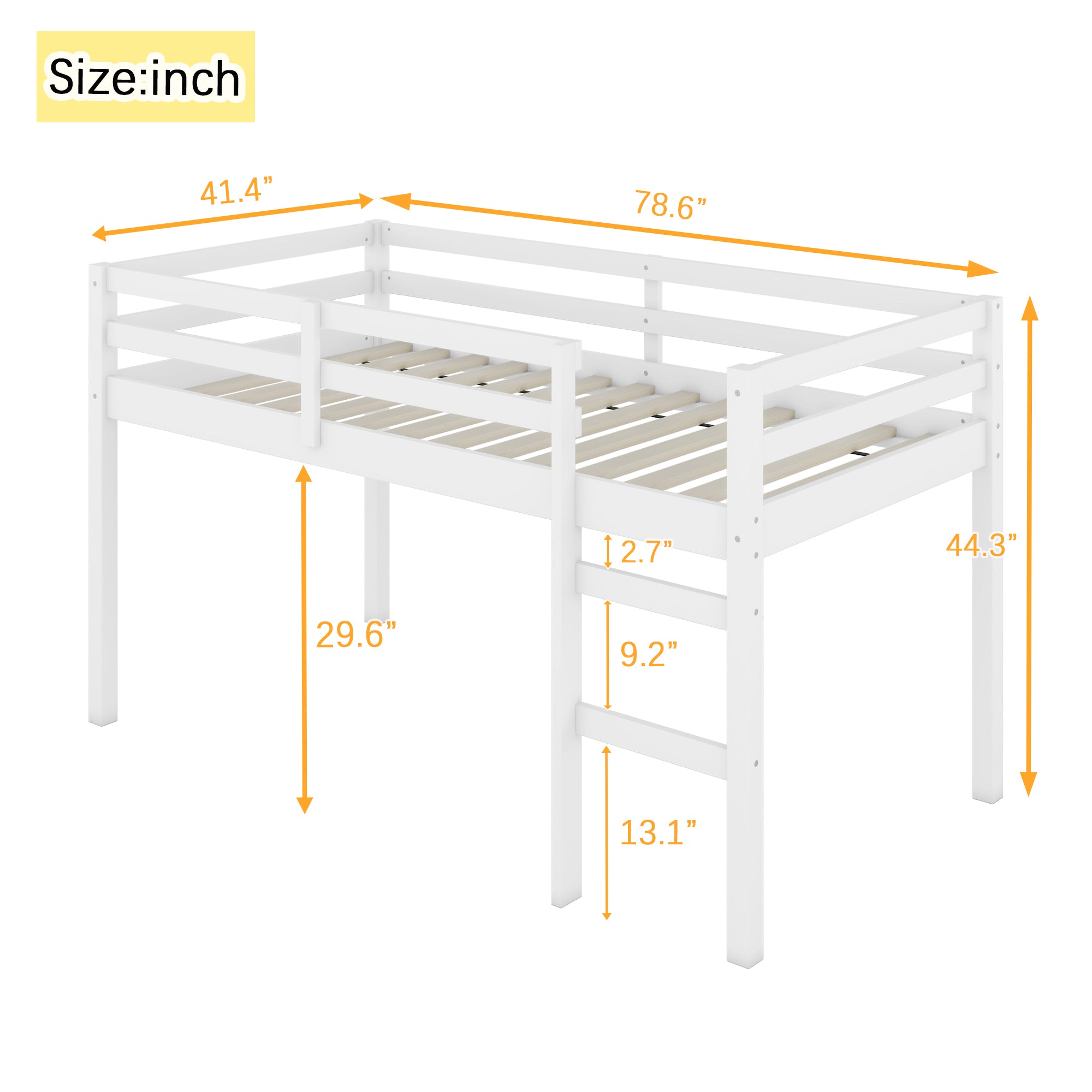 White Rubber Wood Frame Twin Loft Bed with Ladder and Storage Space