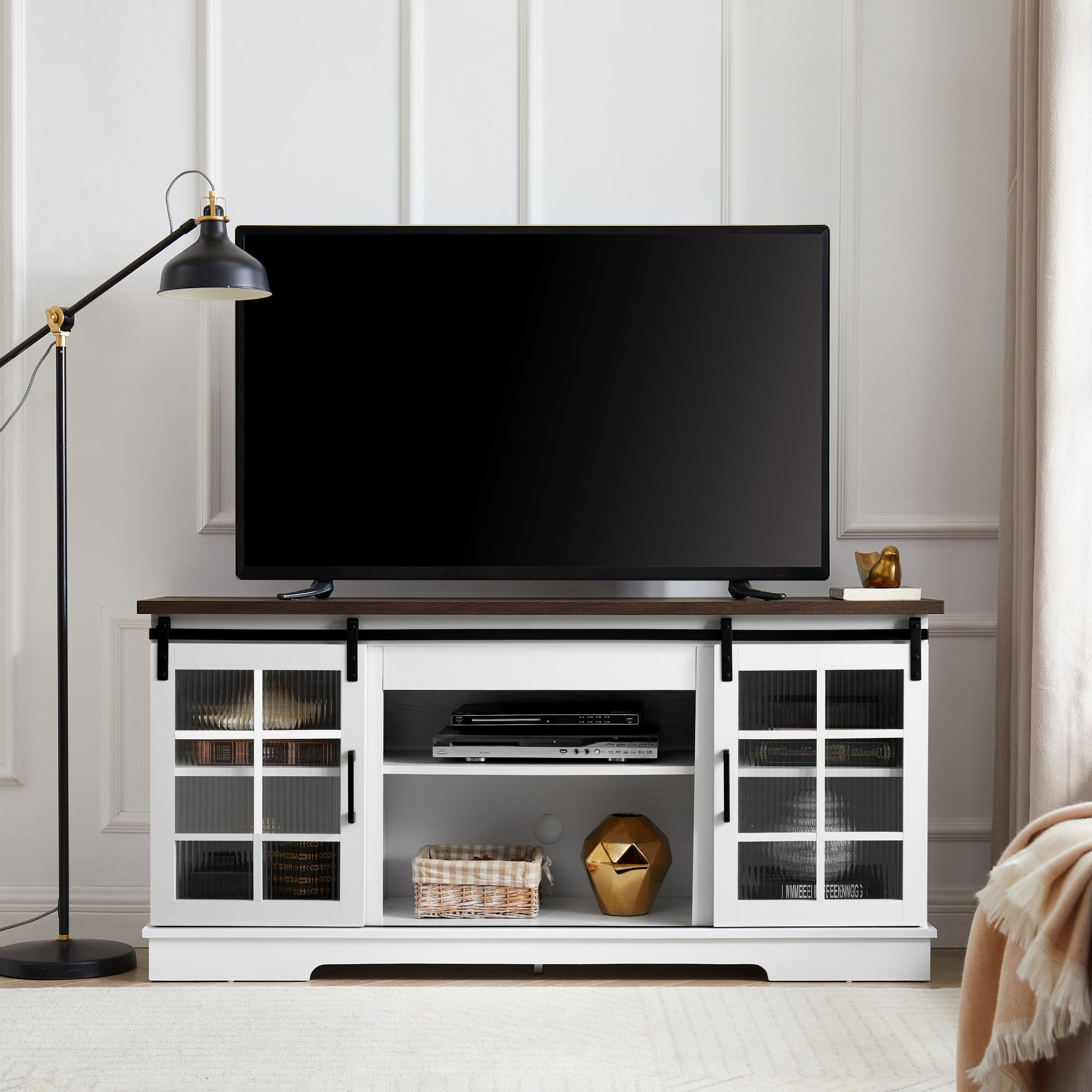 Multipurpose Sliding Door TV Cabinet with Large Storage In White and Brown