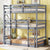 Gray Triple Rubber Wood Bunk Bed with Built-in Ladders and Guardrails