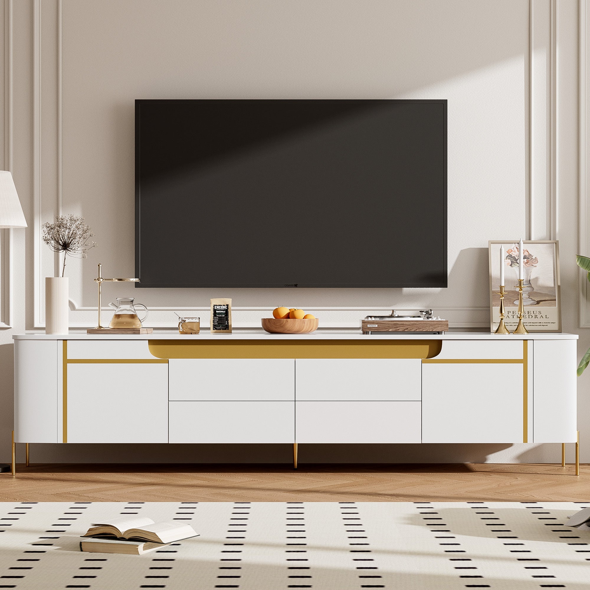 74.8 Inch TV Stand for TVs Up to 80 Inches with 4 Drawers and 2 Cabinets In White