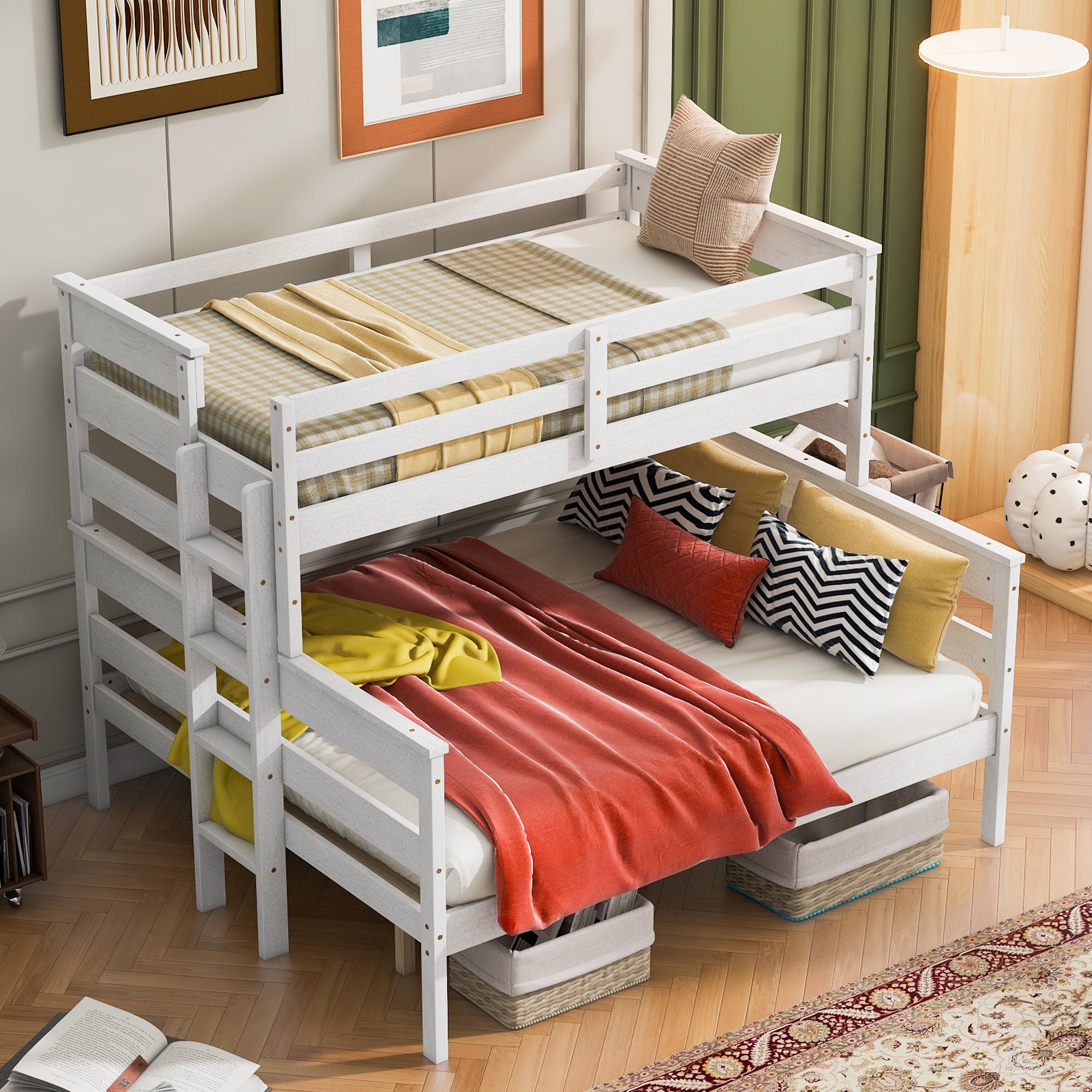 Wood Twin XL Over Queen Bunk Bed With Ladder Sturdy Design In White