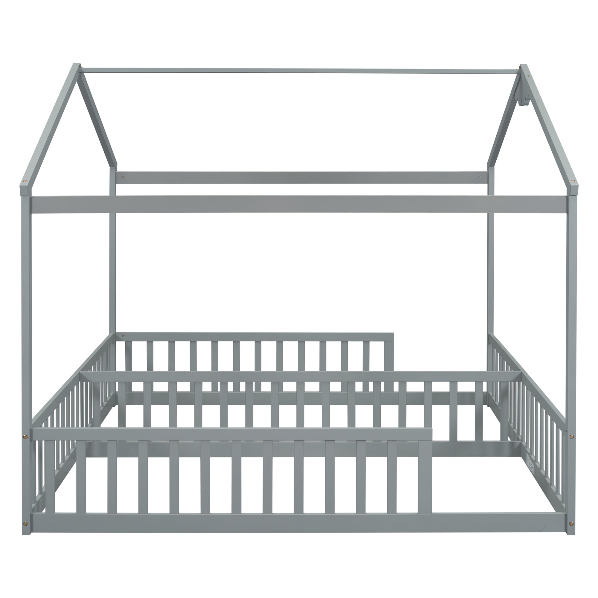 Gray Double Twin House-Style Toddler Floor Bed with Fence and Guardrails