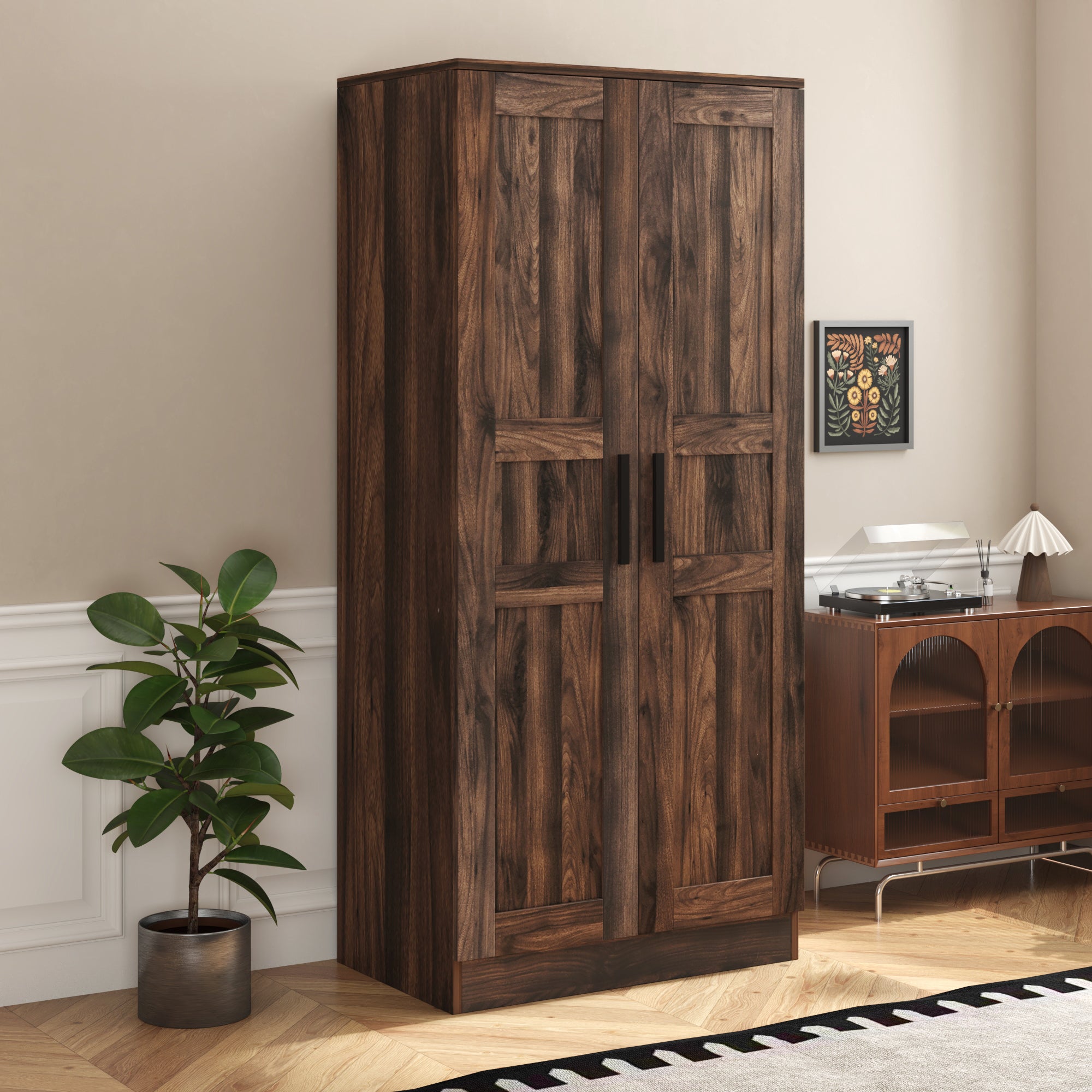 2-Door Wooden Wardrobe Armoire with LED and 4 Storage Shelves In Brown