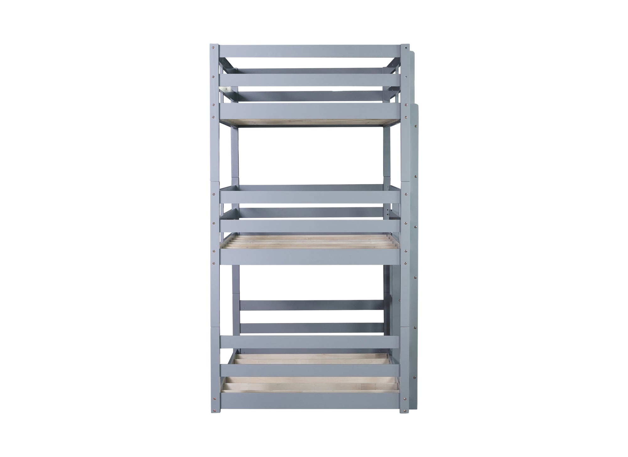 Gray Triple Rubber Wood Bunk Bed with Built-in Ladders and Guardrails