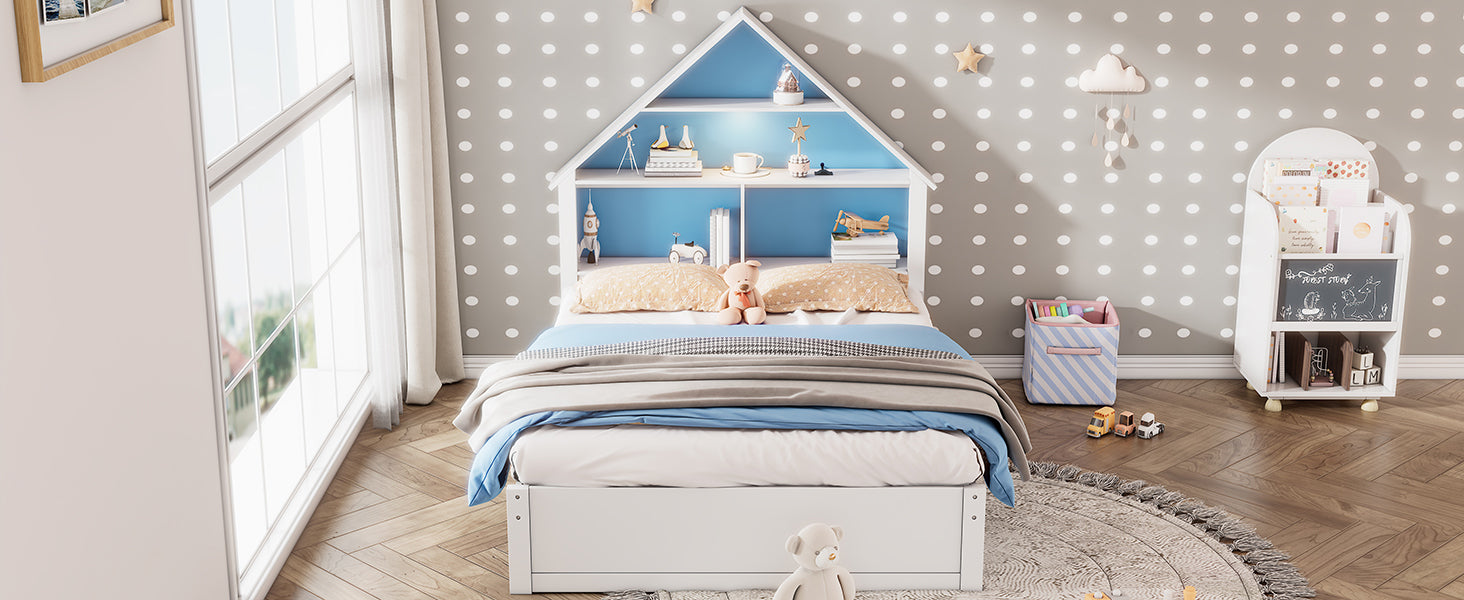 White & Blue Full House-Shaped Bed Frame with Trundle, Shelves, and LED Nightlight