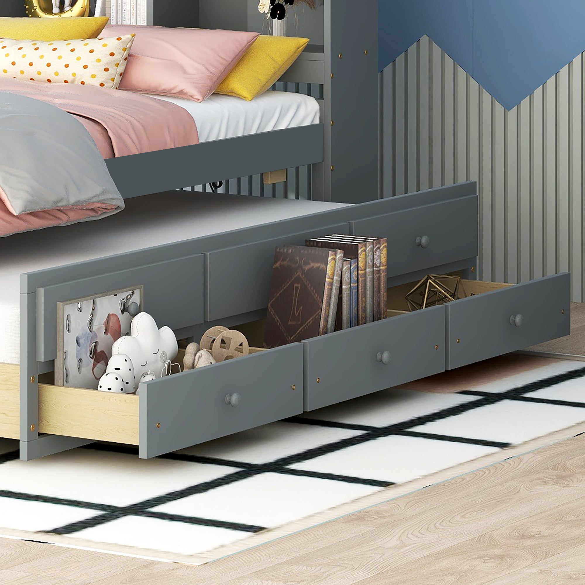 Gray Twin Bed with Bookcase Headboard, USB & Type-C Ports, LED Light, Trundle, and Drawers