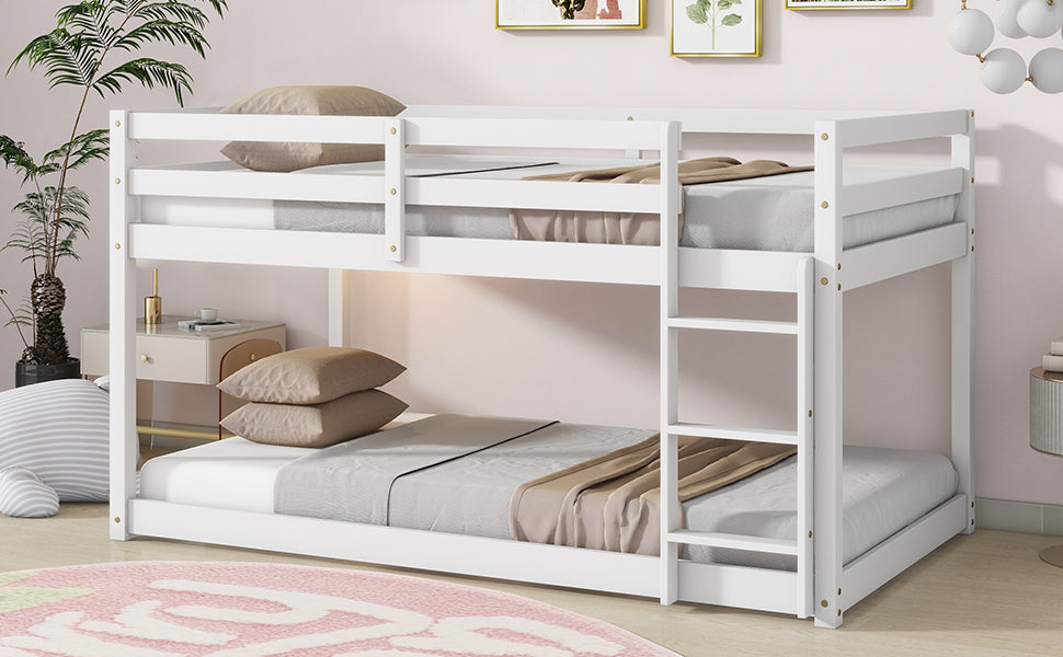 White Twin Over Twin Loft Bed with Ladder In Sturdy Rubber Wood Construction