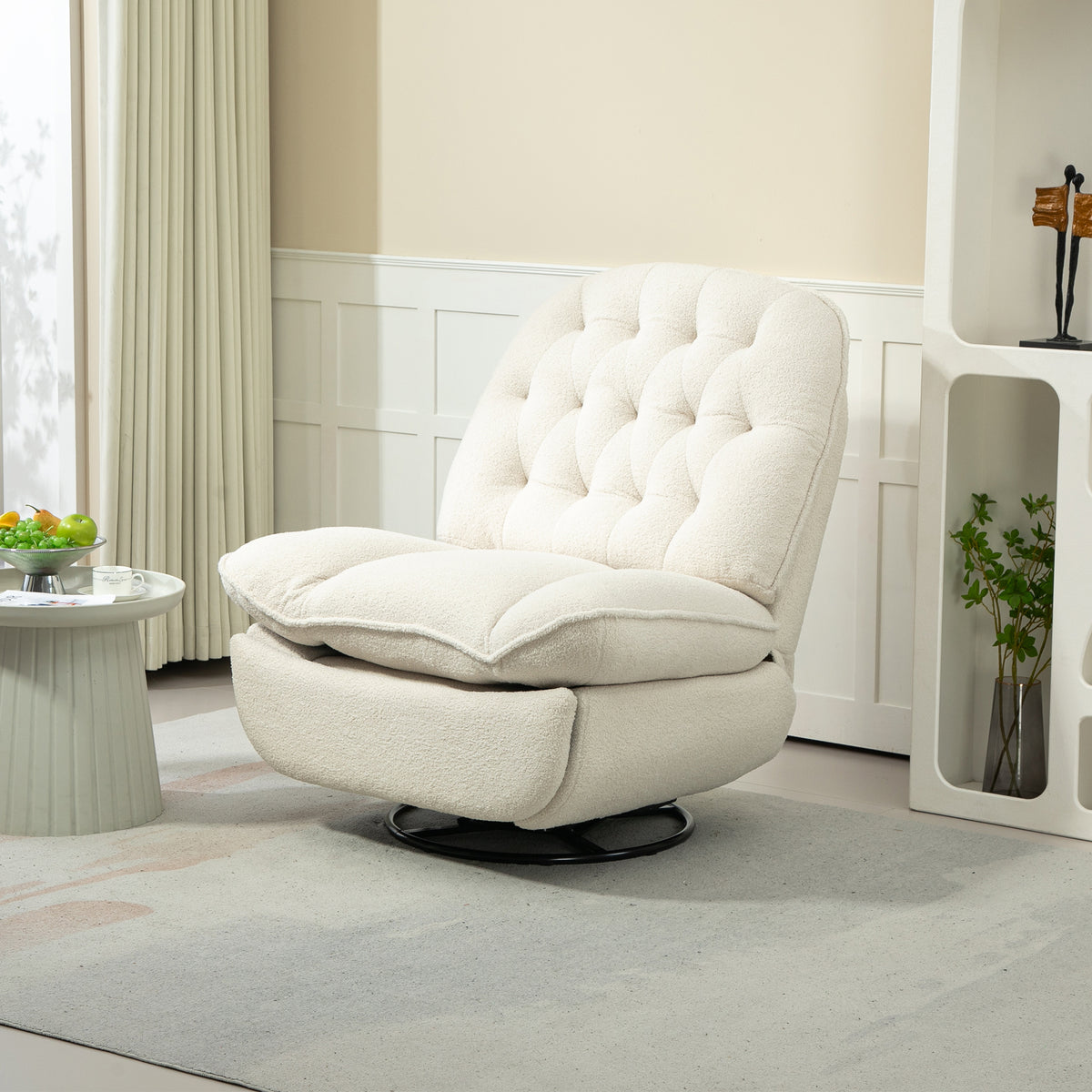 Beige Chenille Upholstered Swivel Recliner Accent Chair