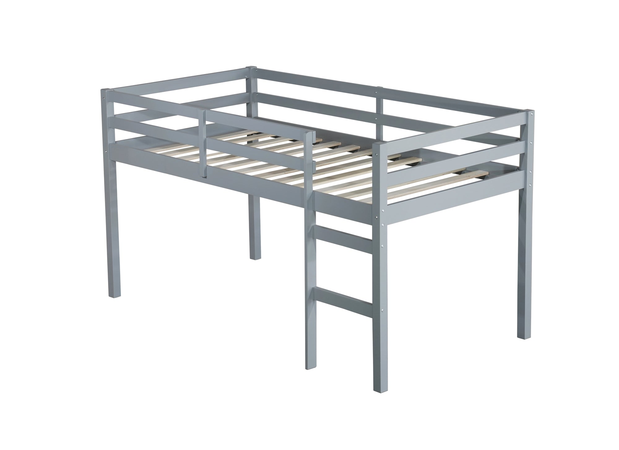 Gray Twin Loft Bed with Ladder in Rubber Wood