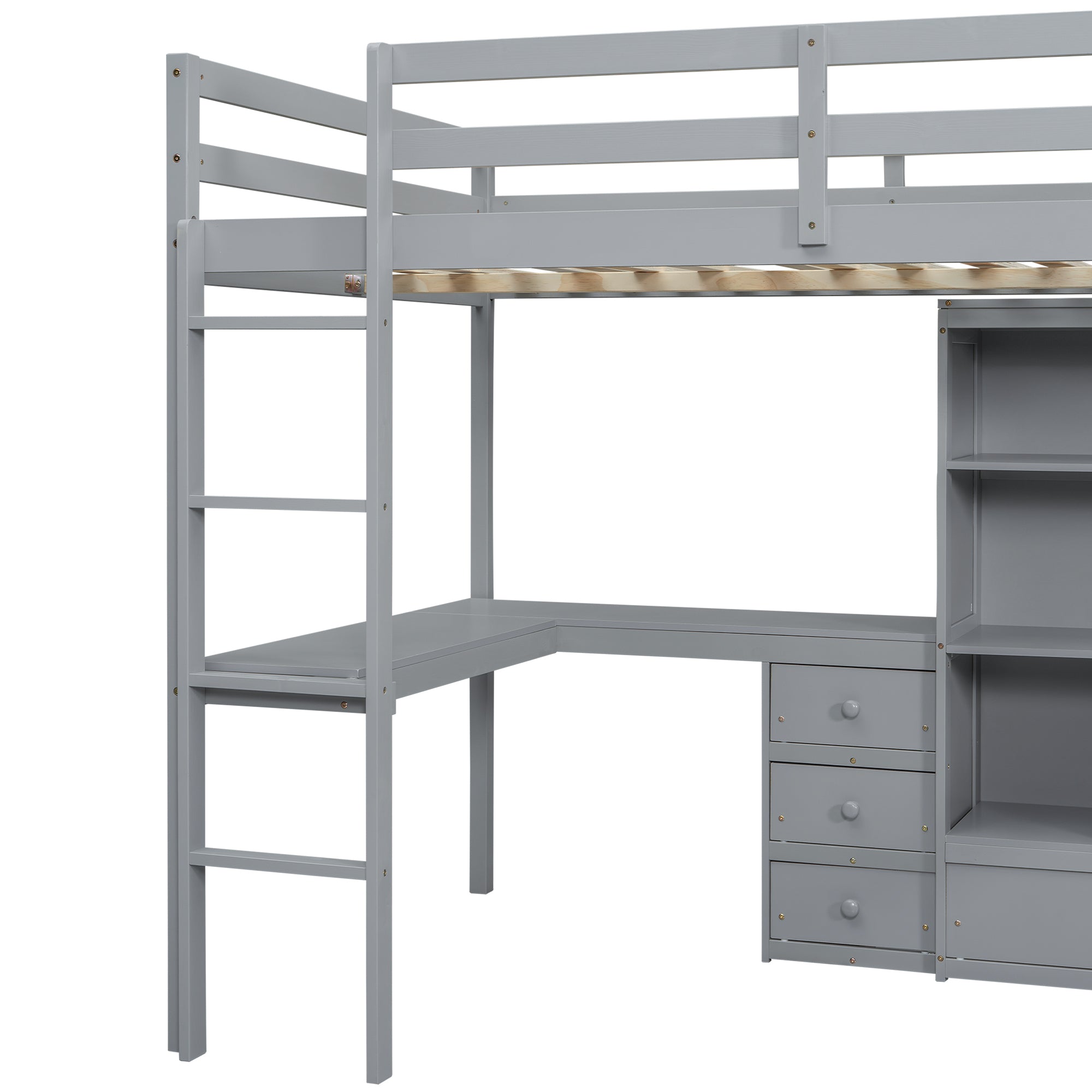 Gray Full Size High Loft Bed with Desk, Storage Shelves, and Drawers