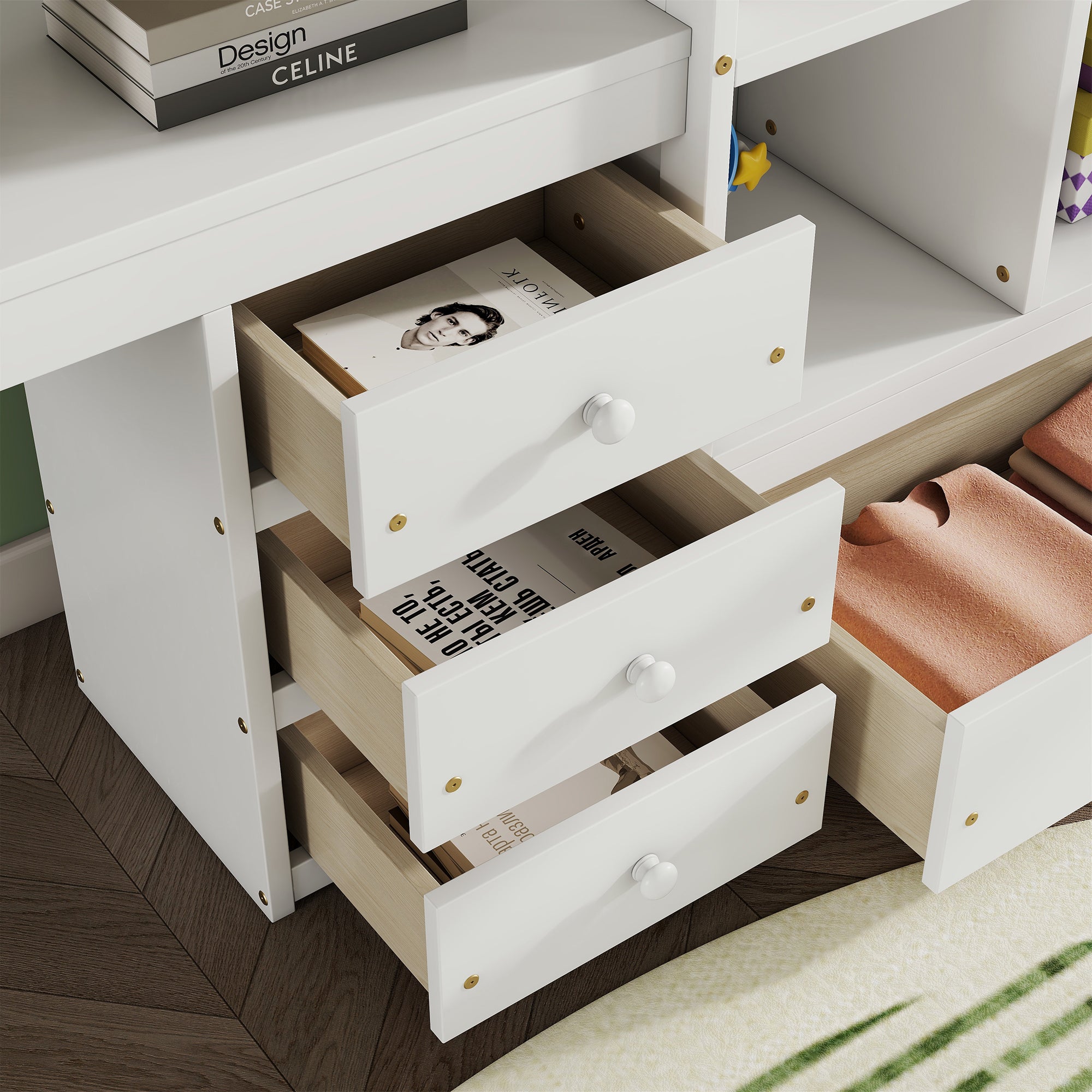 White Full Size Loft Bed with Desk, Storage Shelves, Drawers, and Built-in Ladder