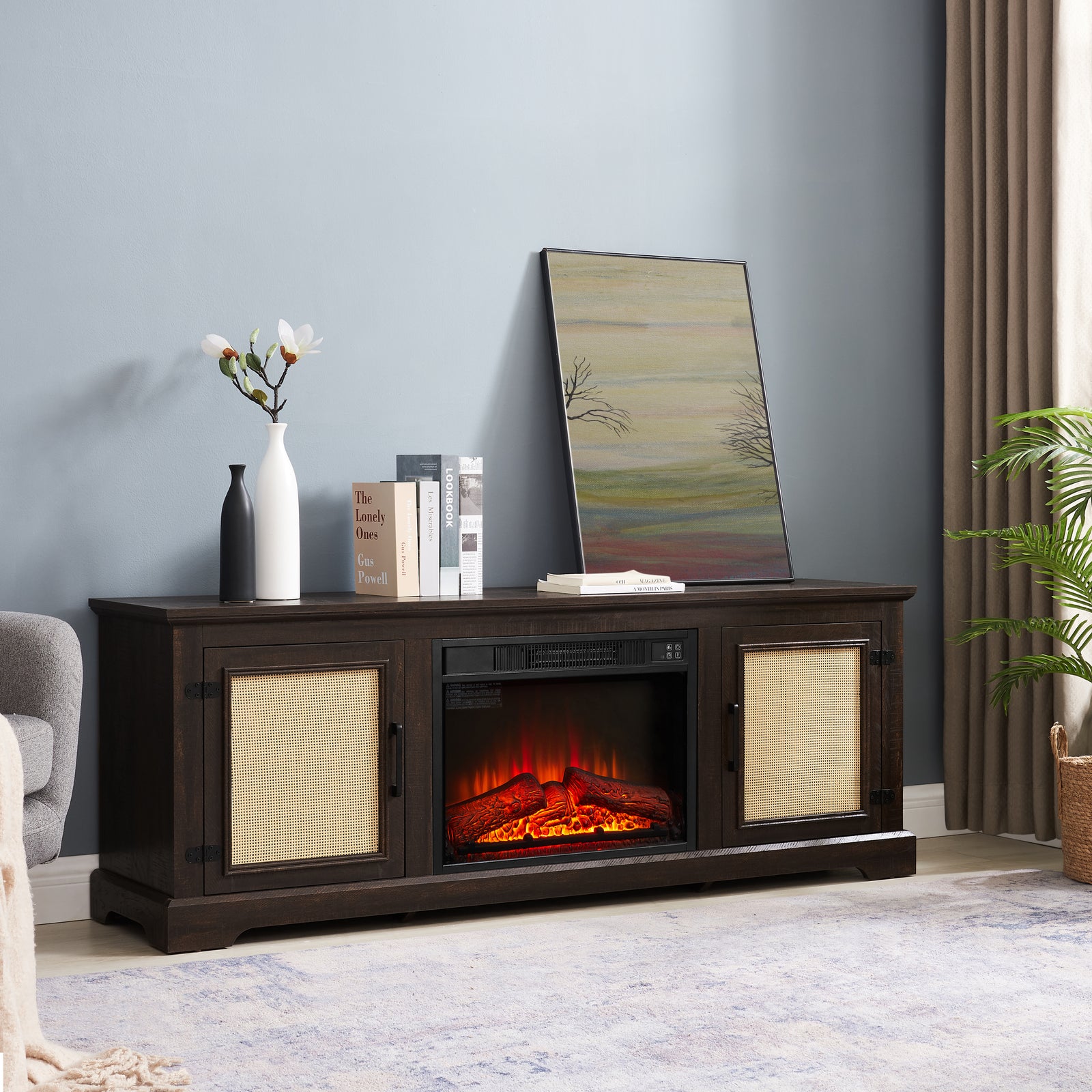 Natural Espresso Farmhouse Rattan TV Stand for TVs up to 70" with Electric Fireplace