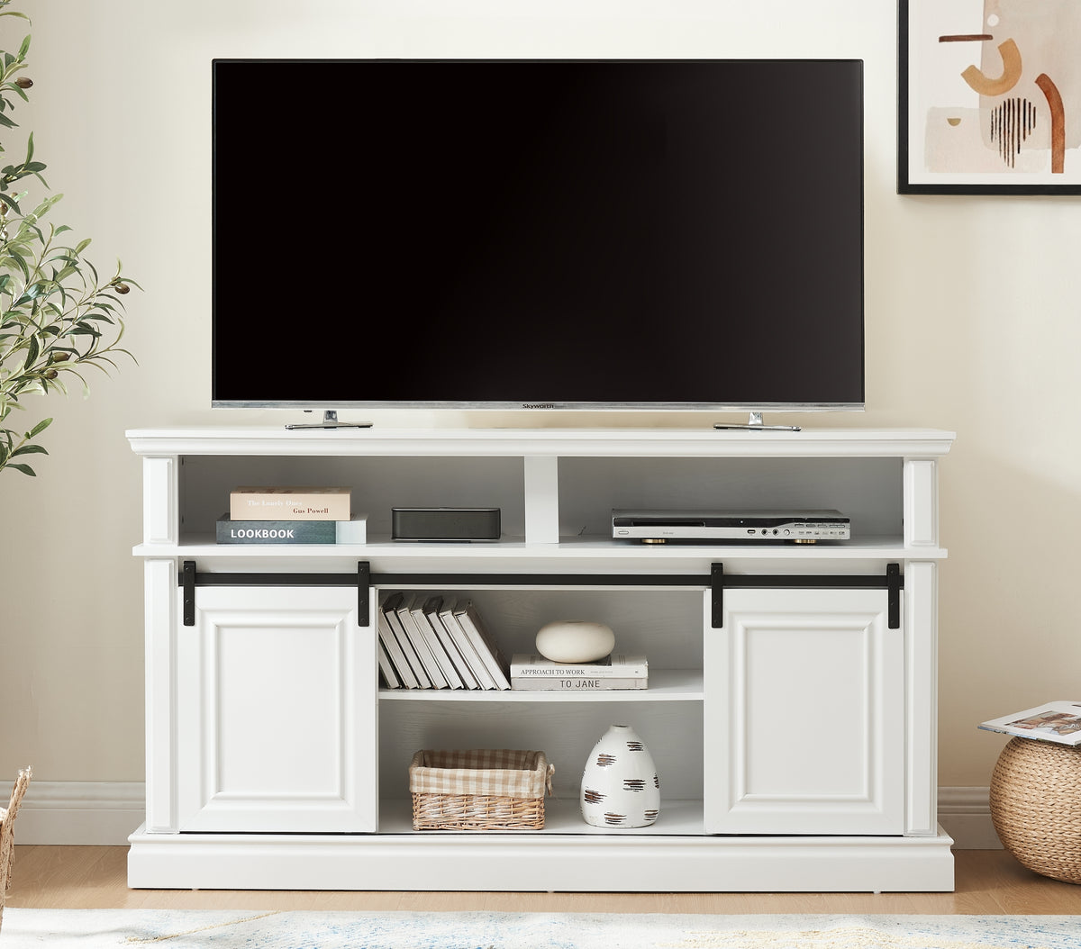 Media Console Table with Storage Cabinet, Mid Century Style TV Stand, Multipurpose Sliding Door Design, Ample Space, In Antique White