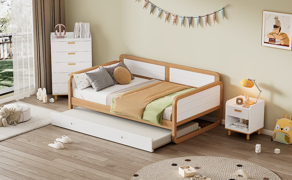 Twin Modern Daybed with Trundle in White & Walnut