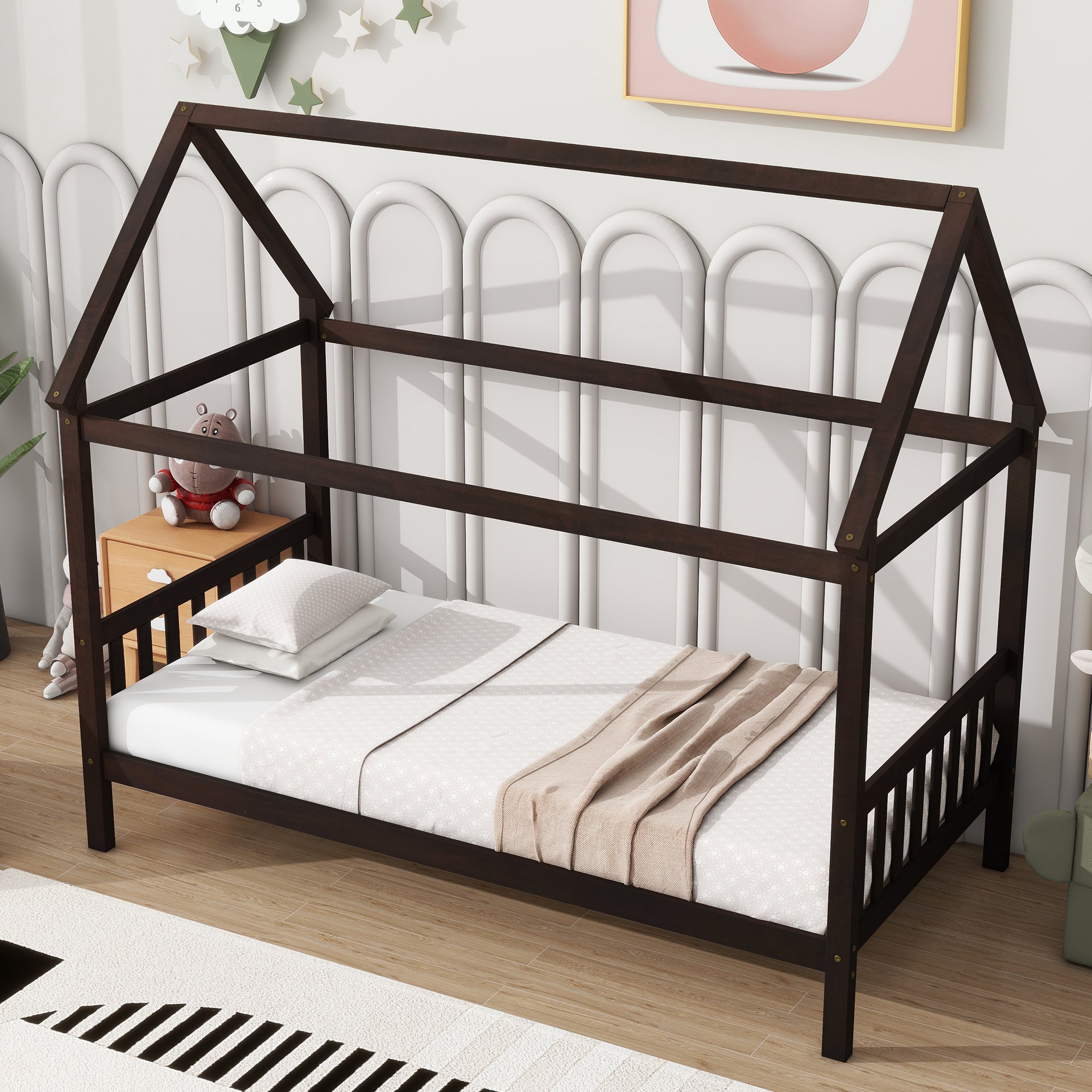 Espresso Twin Rubber Wood House Bed with Headboard and Footboard