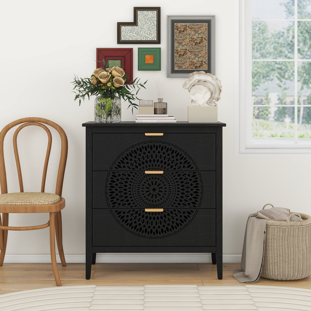 Hollow-Carved 3 Drawer Cabinet Dresser Storage Chest with Metal Handles In Black