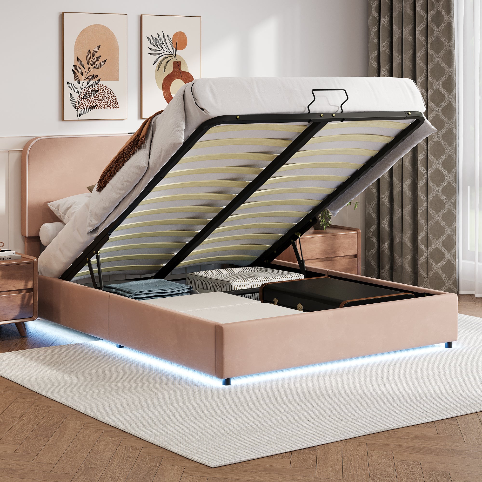 Full Size Bed with Hydraulic Storage, LED Lighting & Built-in Bluetooth Speaker