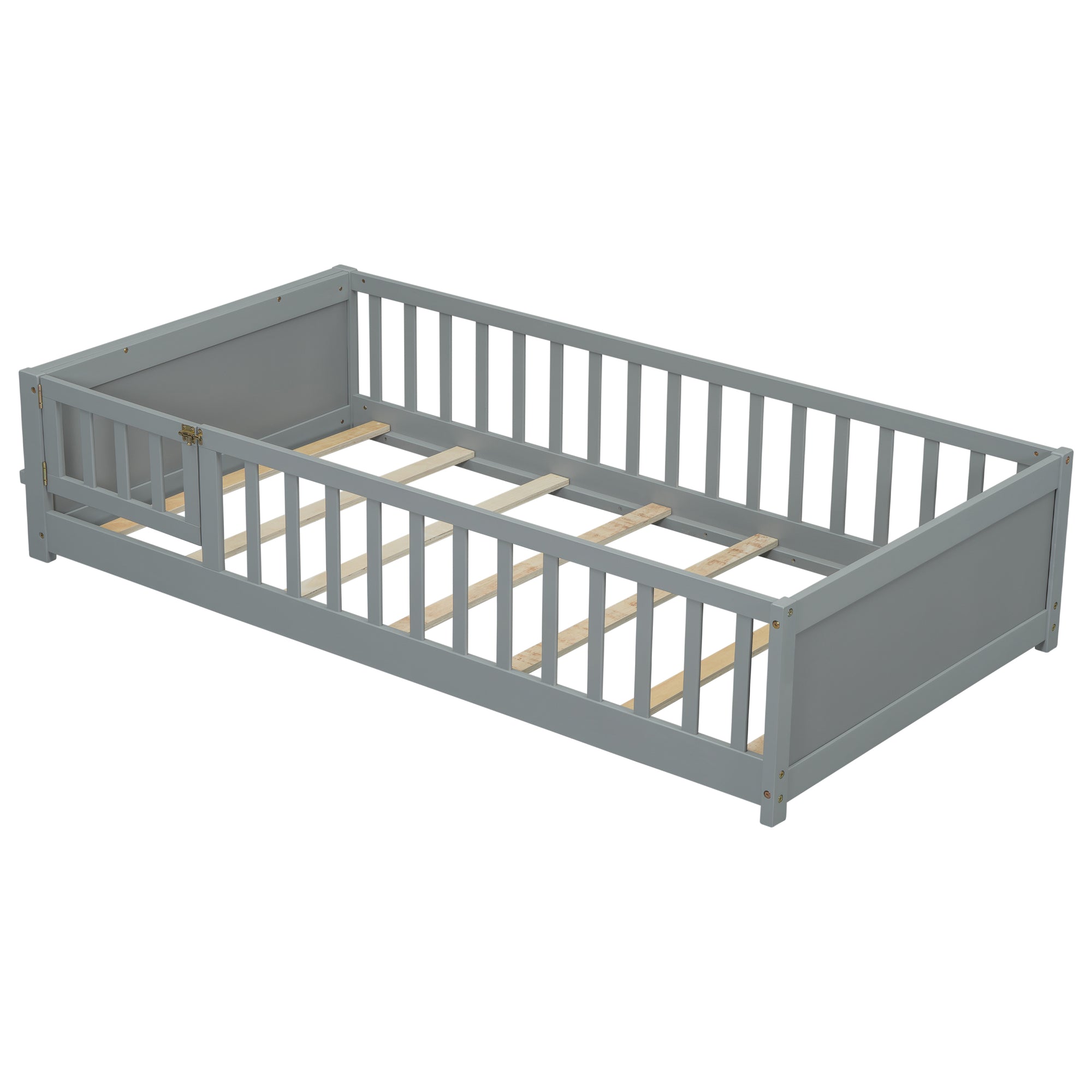 Gray Twin-Size Toddler Floor Platform Bed with Built-in Book Storage and Safety Guardrails