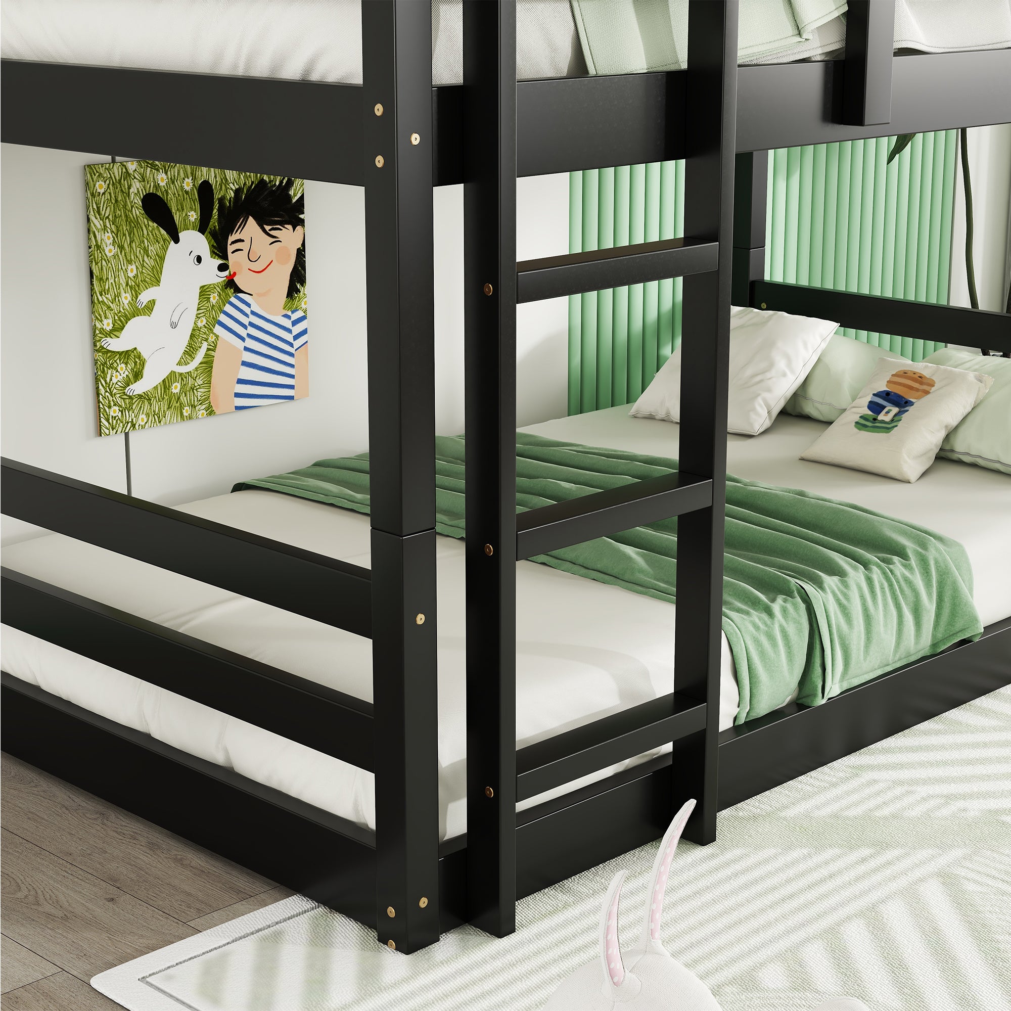 Black Triple Rubber Wood Bunk Bed with Built-In Ladders and Guardrails