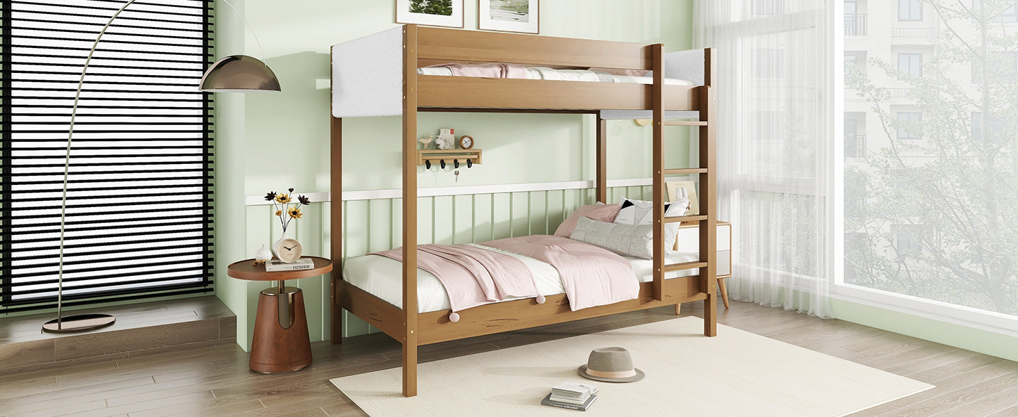 Twin Over Twin Bunk Bed with Upholstered Teddy Fleece Headboard and Footboard