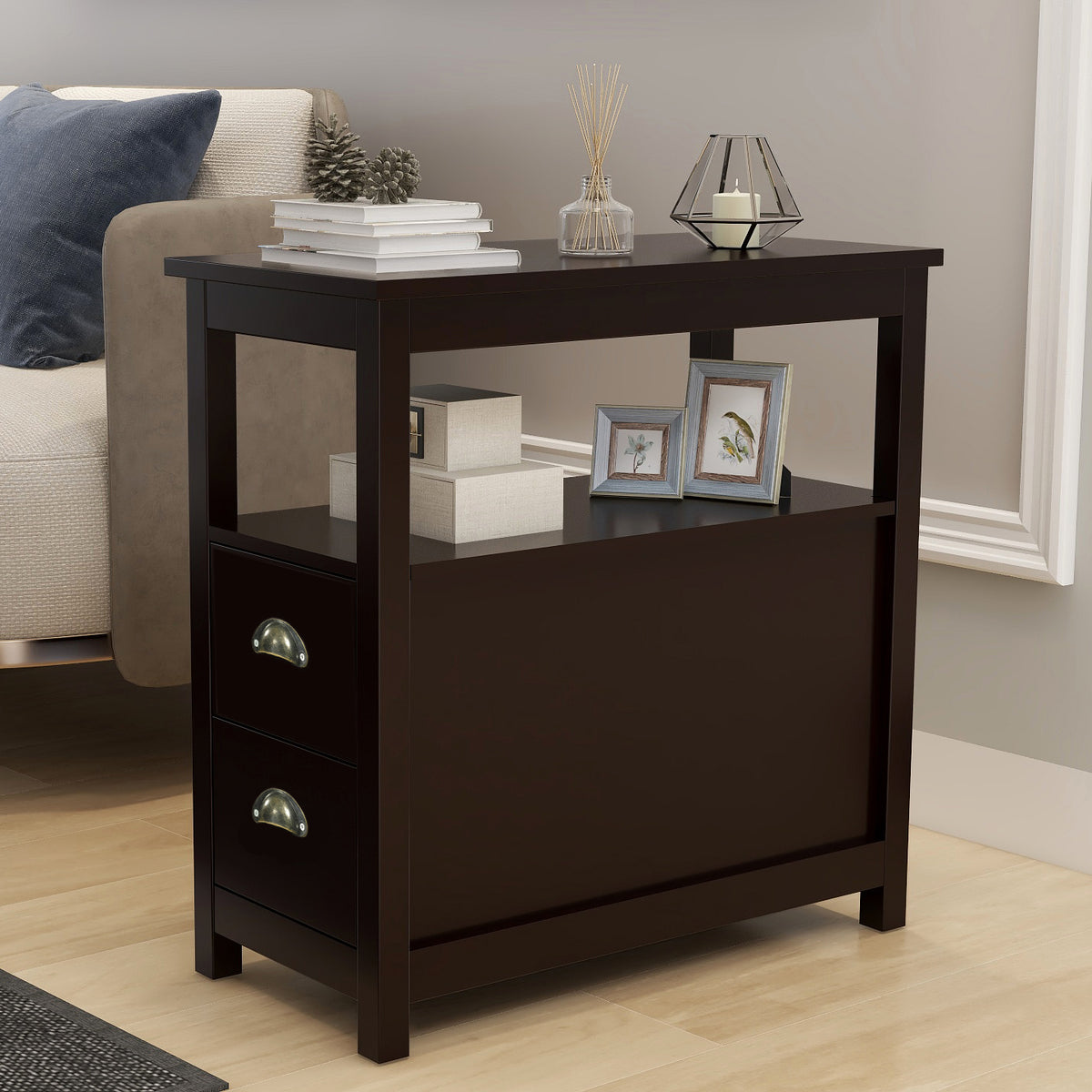 End Table Narrow Nightstand With Two Drawers And Open Shelf In Brown