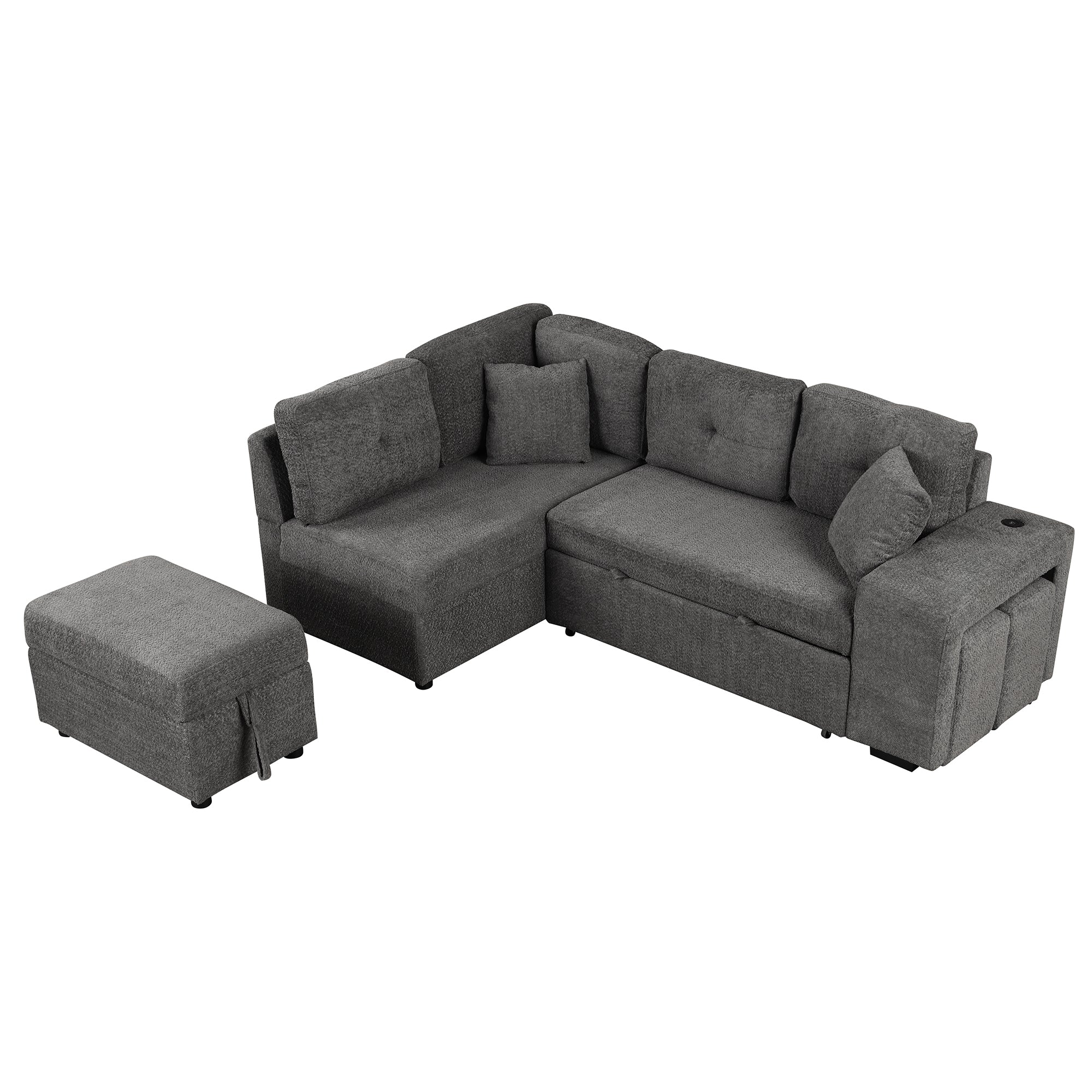 Dark Gray Chenille Pull-Out Sofa Bed with Storage Ottomans and Wireless Charger