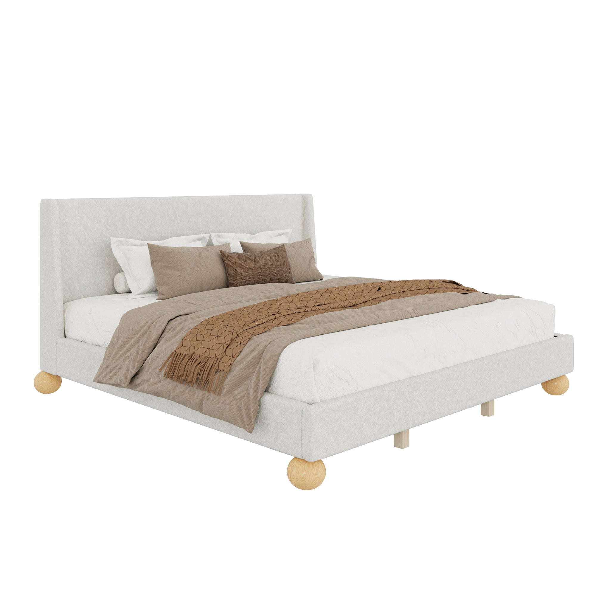 King Beige Upholstered Bed Frame With Wingback Headboard