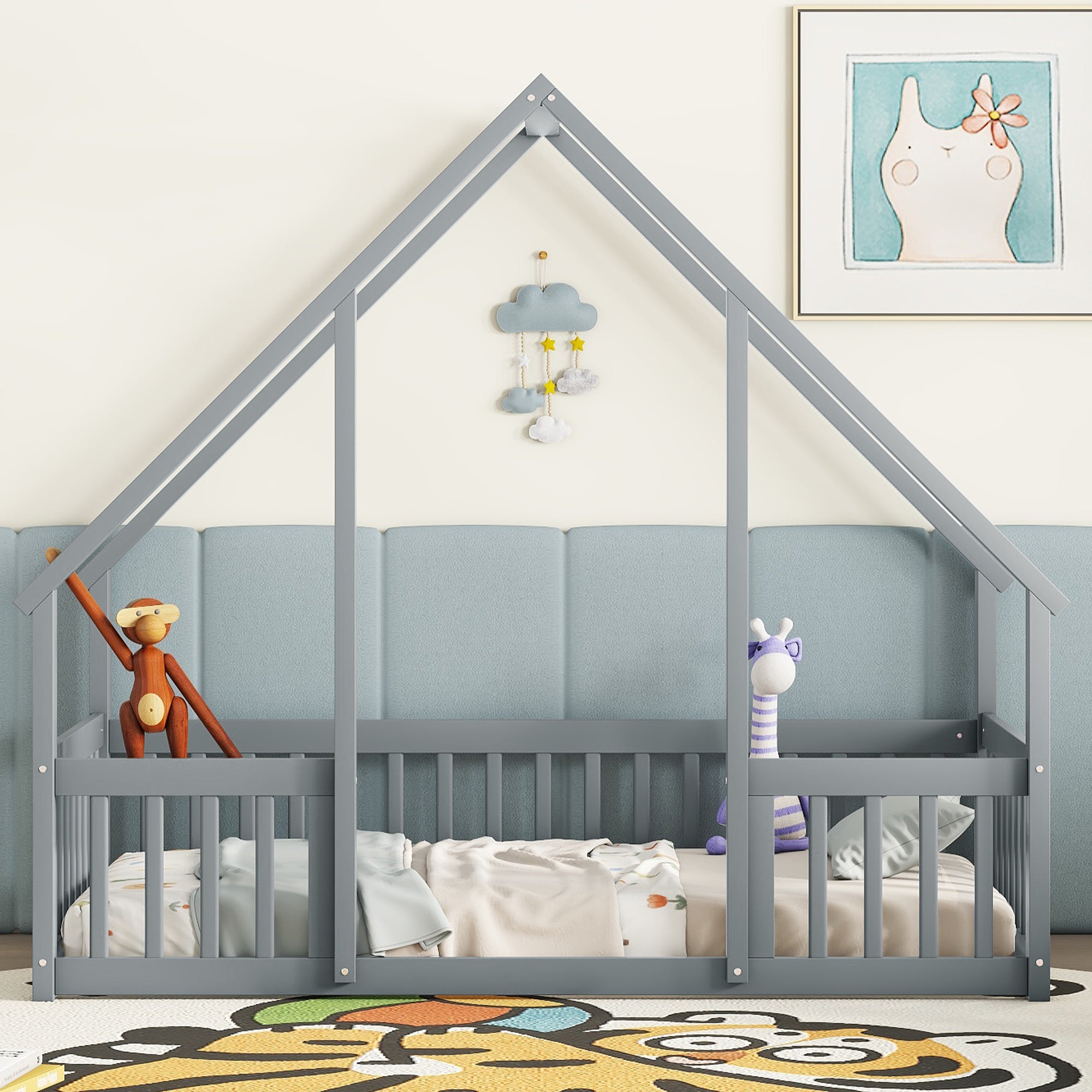 Twin Wood House-Shaped Toddler Floor Bed with Fence & Guardrails in Gray