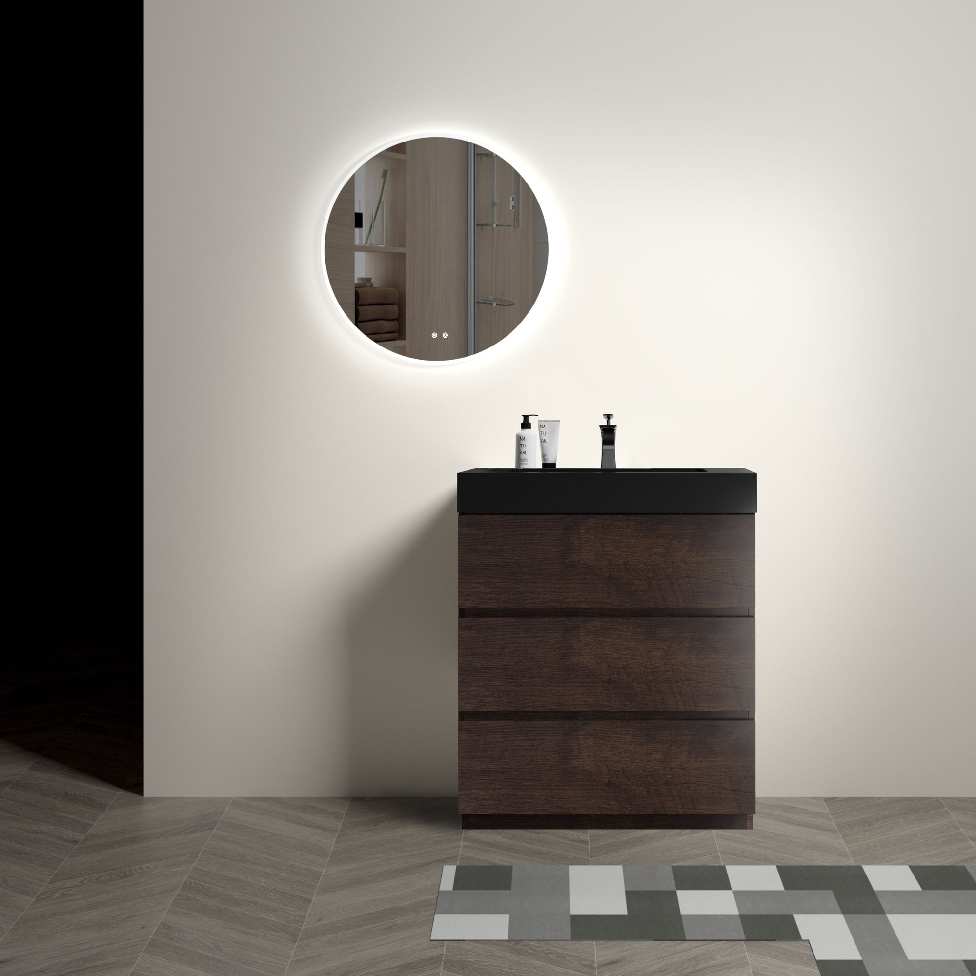 30' Walnut Bathroom Vanity With Sink Large Storage Freestanding Design One-Piece Black Basin Pre-assembled In Walnut