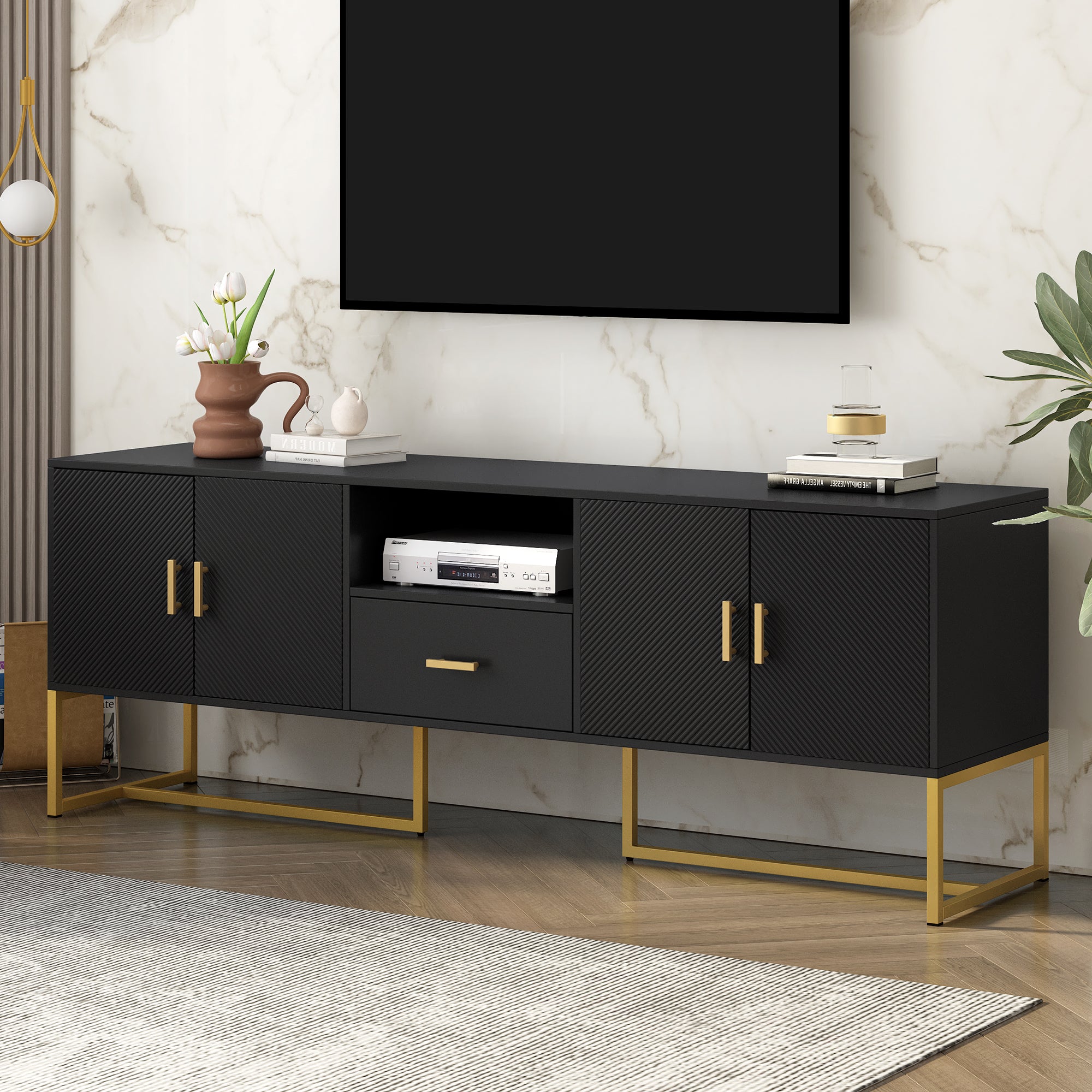 Modern TV Stand for TVs Up to 70 Inches with Drawer and Cabinets In Black