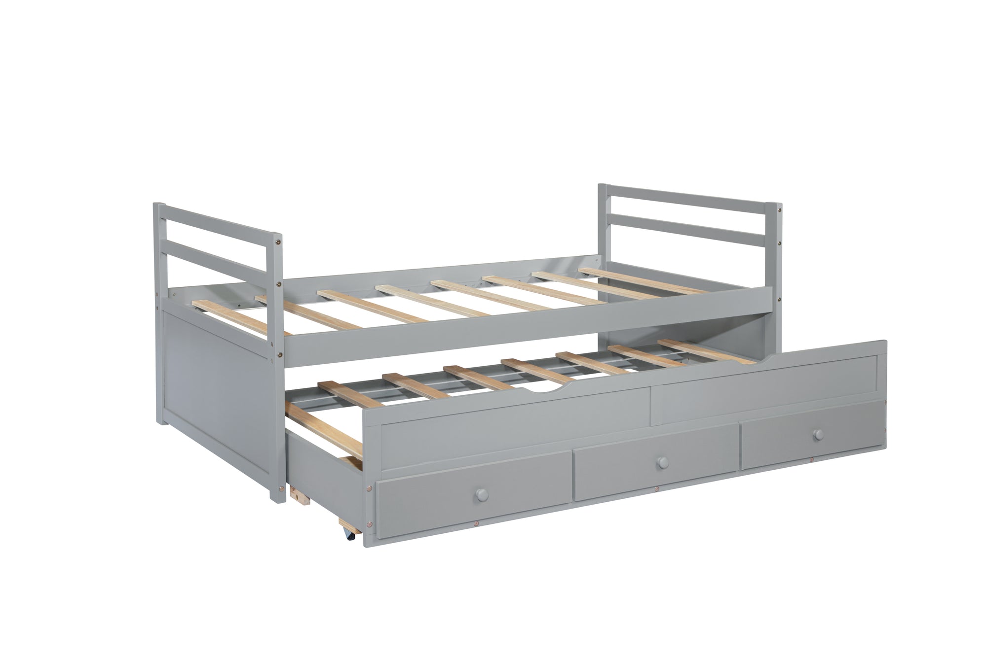 Gray Twin Size Bed with Headboard, Footboard, Trundle, and Three Storage Drawers