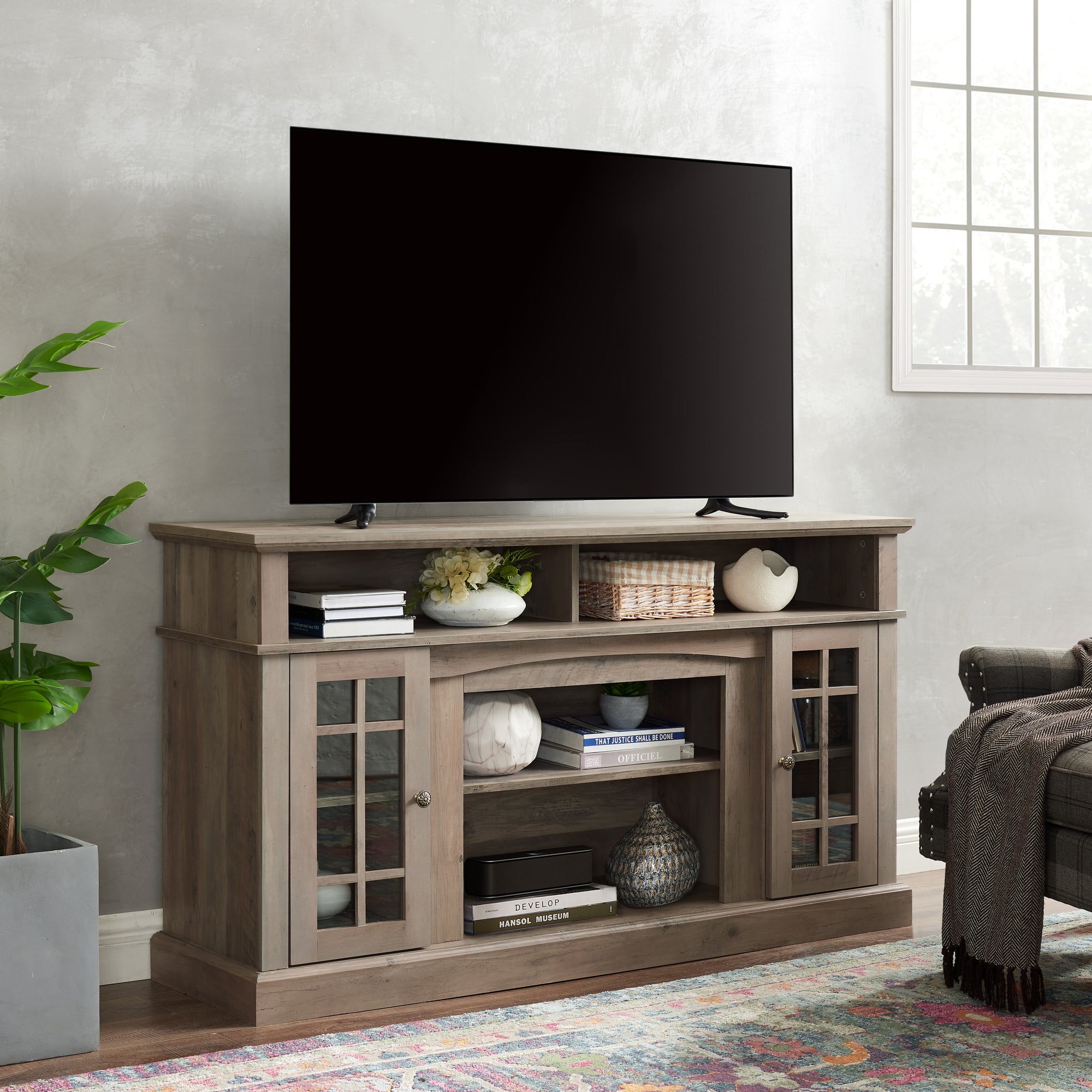 Classic TV Media Stand Modern Entertainment Console for TV Up to 65 Inches With Open Storage Space In Gray Wash