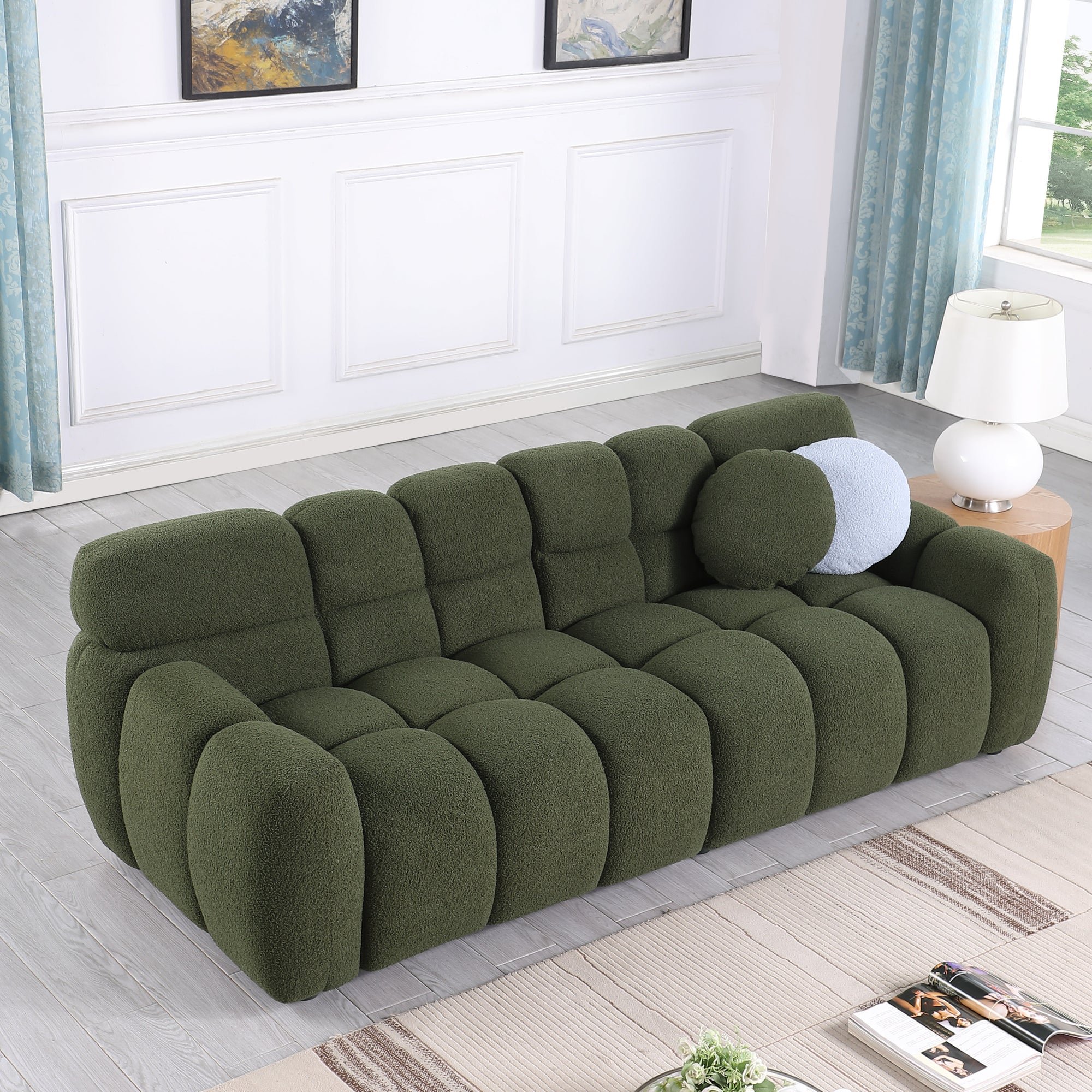 Olive Green Boucle Marshmallow Loveseat Sofa