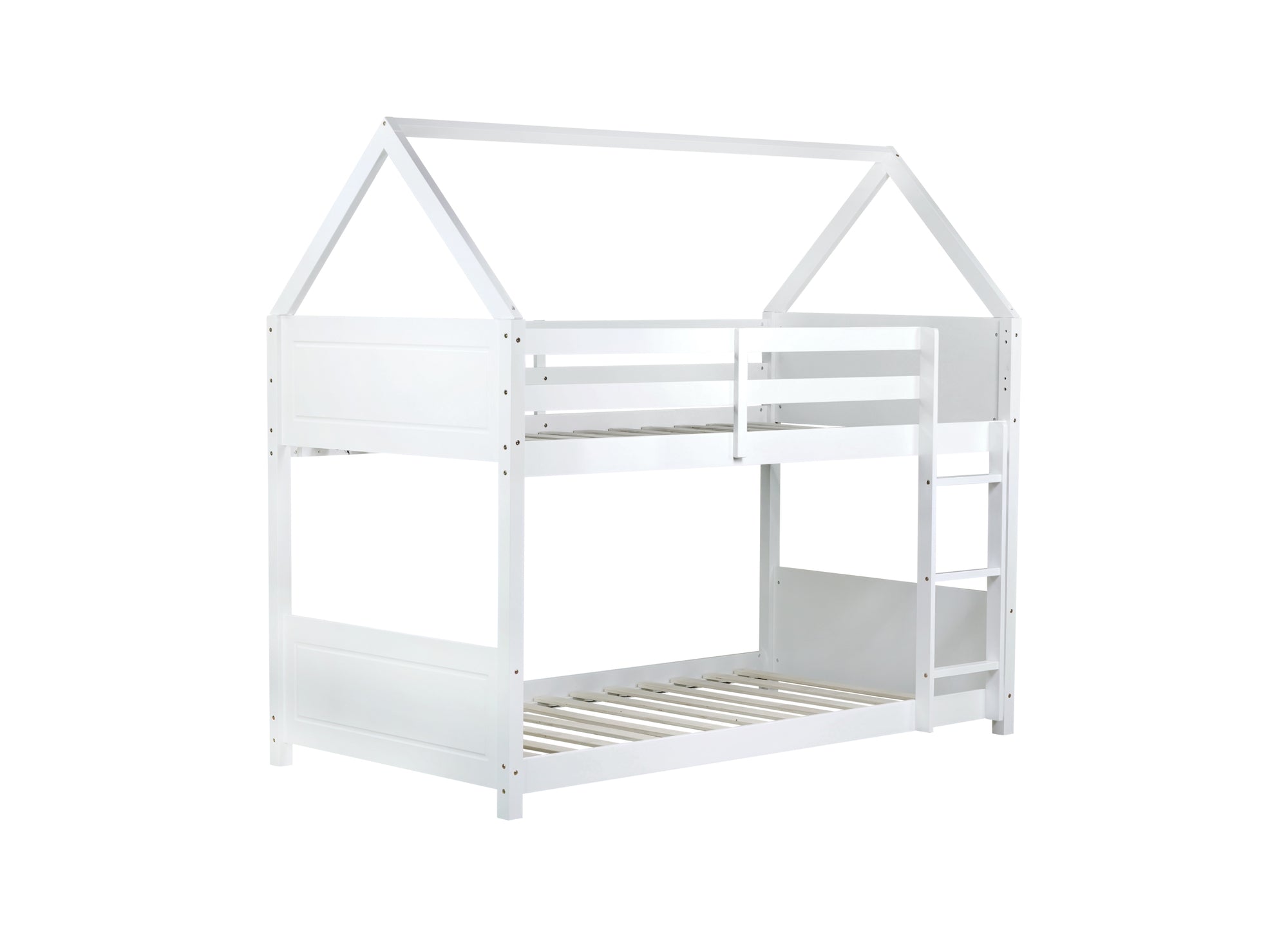 Twin Over Twin House Floor Bunk Bed with Guardrails and Ladder