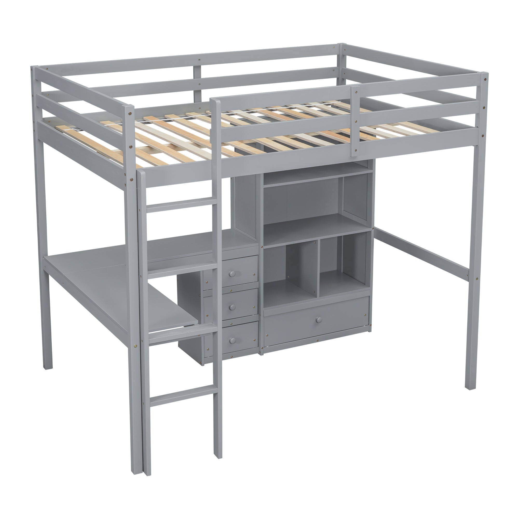 Gray Full Size High Loft Bed with Desk, Storage Shelves, and Drawers