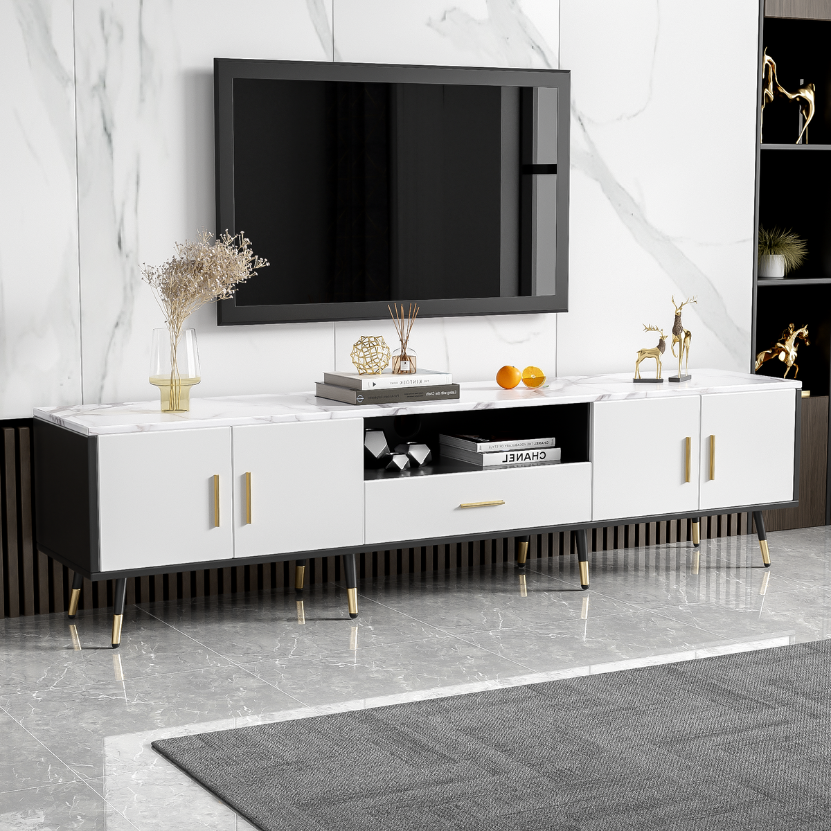 71&#39;&#39; Modern TV Stand with 2 Cabinets and Open Compartments for TVs up to 80&#39;&#39; In White and Black