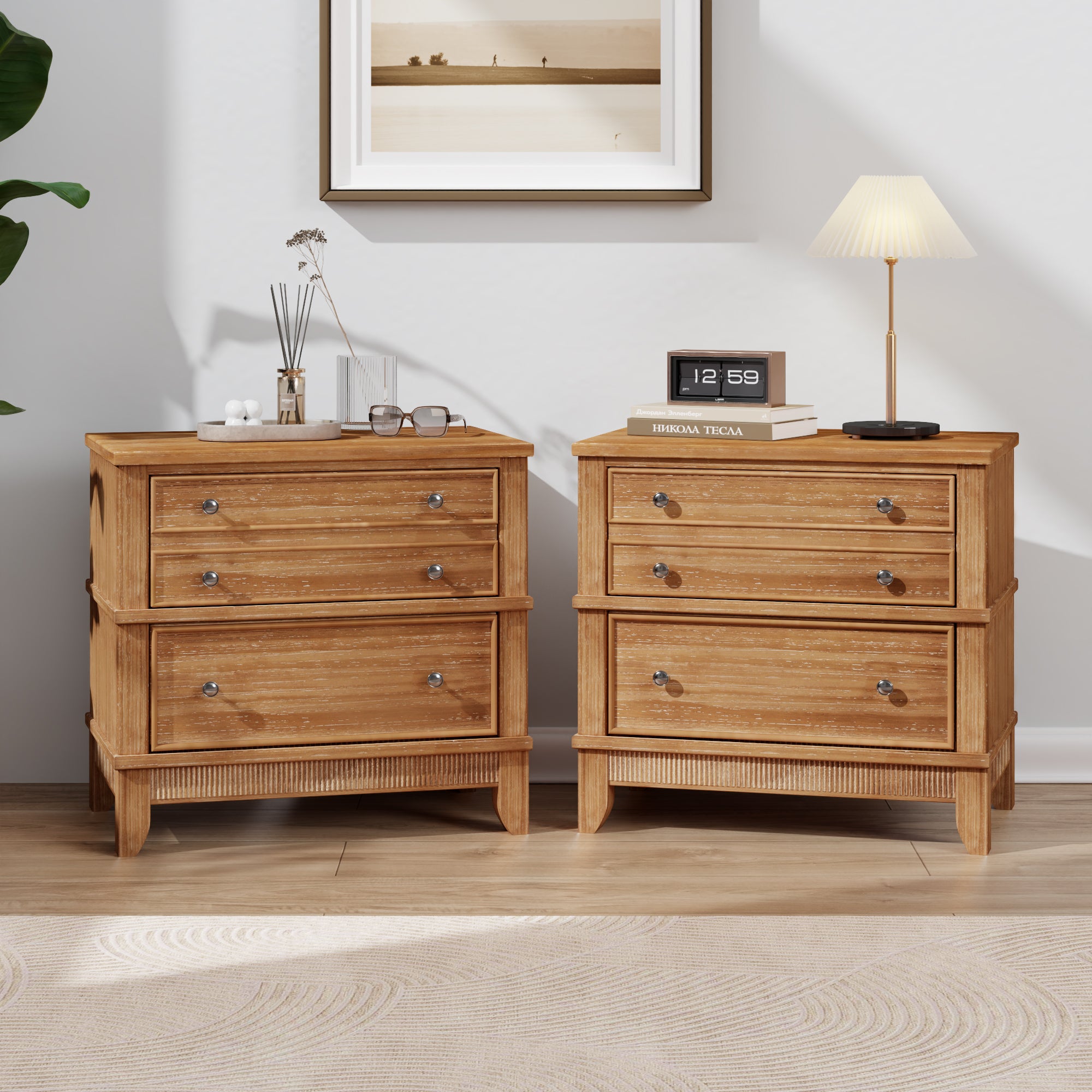 Hazel 3-Drawer Side Table Set of Two for Living Room In Natural